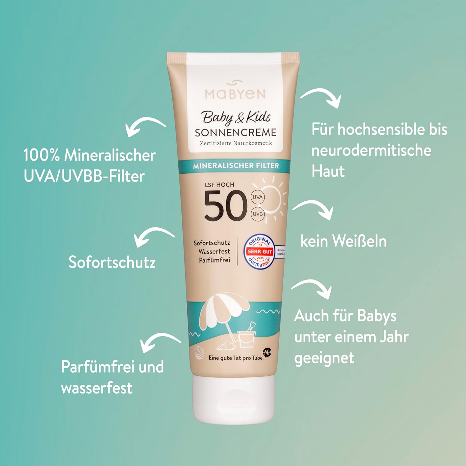 Detalle de MABYEN 100% Mineralische Sonnencreme Baby & Kids LSF 50 – sanfter, sofortiger Schutz ohne Weißeln