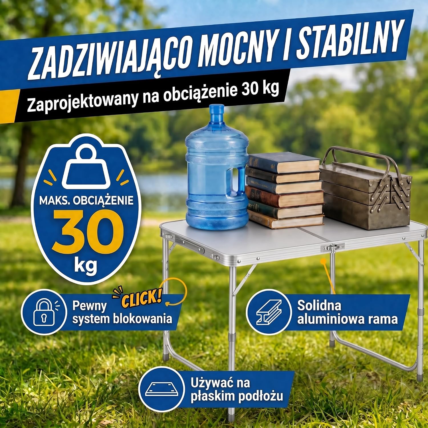 Detalle de GOODS+GADGETS 3169011 – aluminiowy stół kempingowy 120 × 60 cm z 4 taboretami