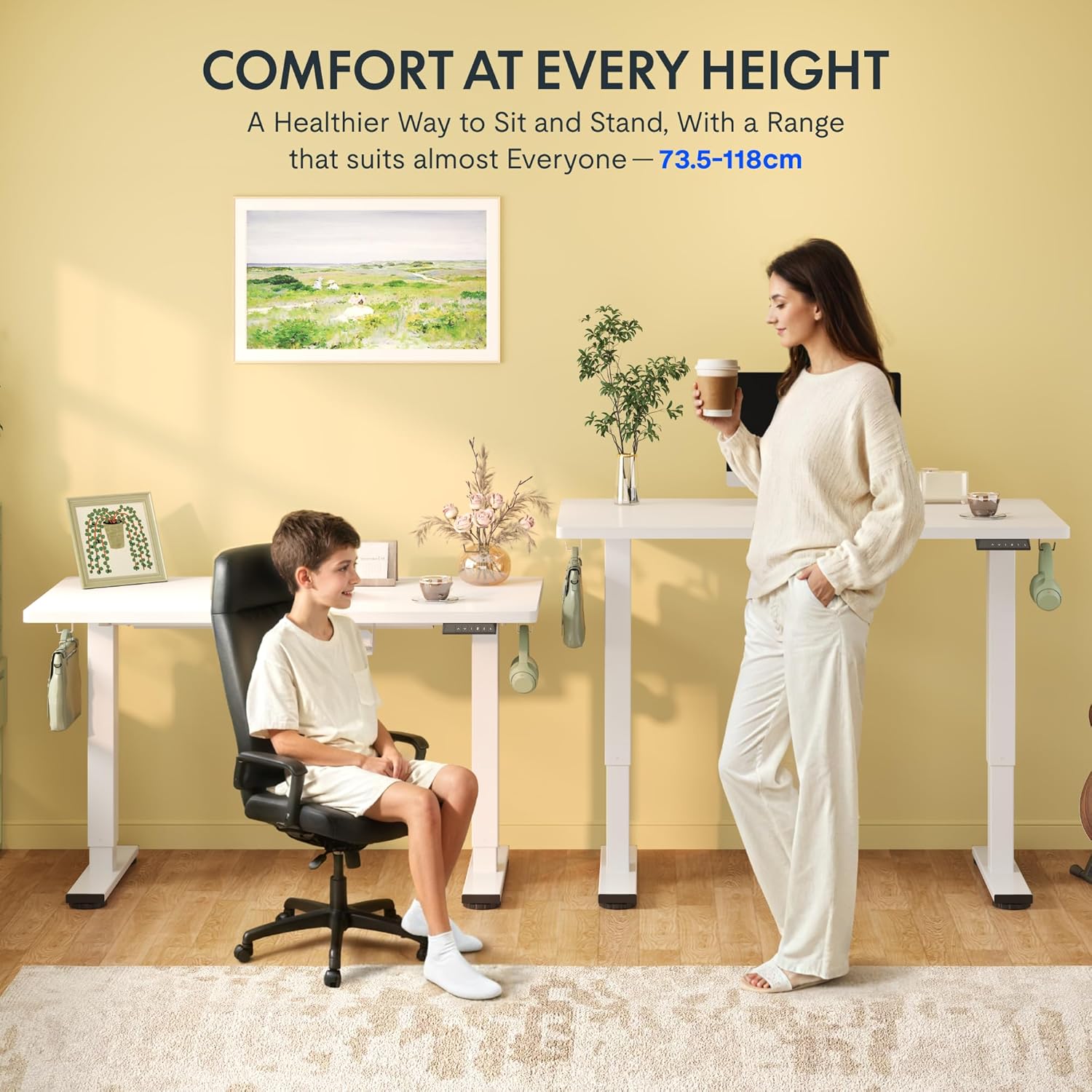 Thumbnail 5 de FLEXISPOT Bureau Assis Debout réglable en hauteur 100x60 cm, cadre blanc + plateau blanc, commande manuelle