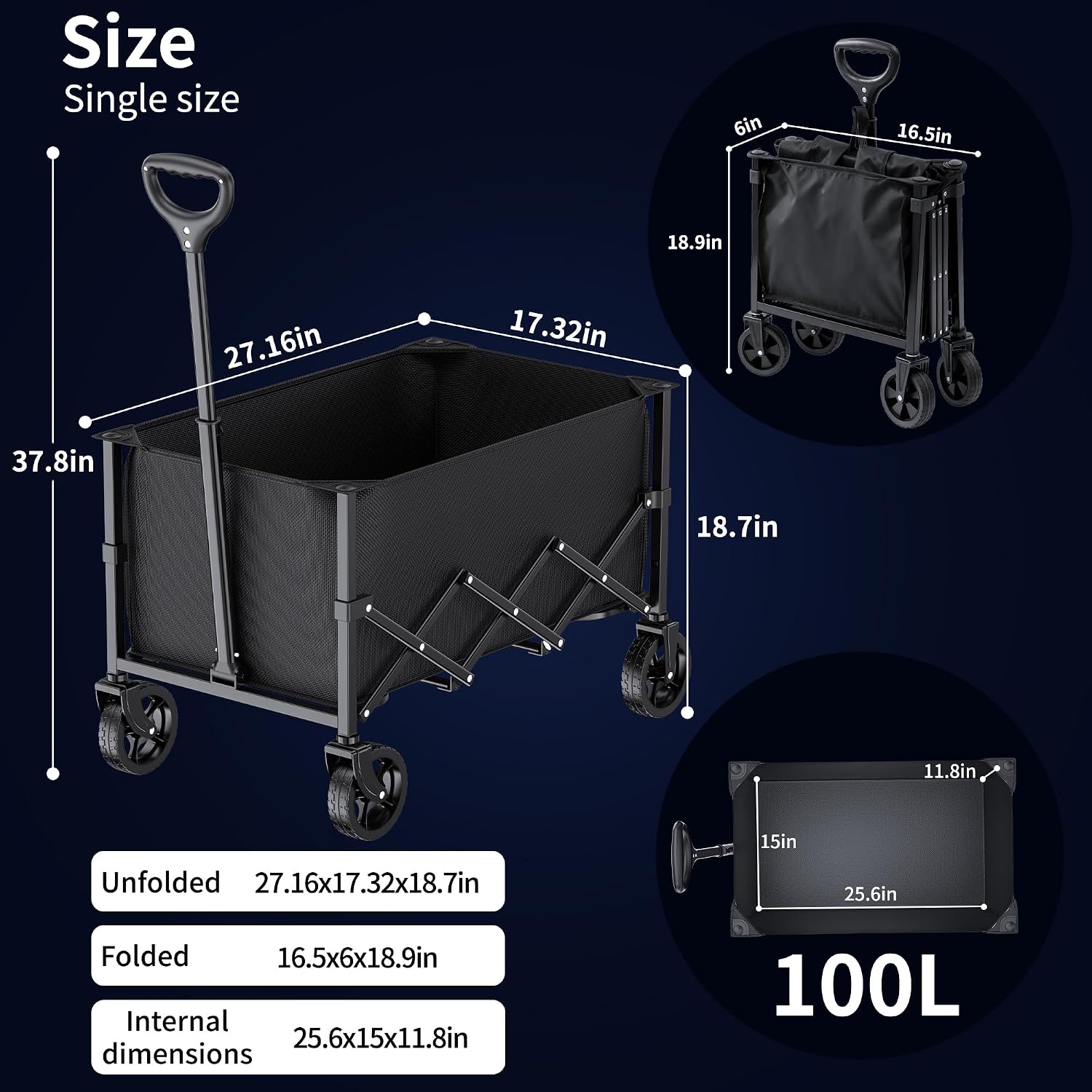 Detalle de RYGEO XW-CART-FR opvouwbare bolderkar, 100 liter, zwart