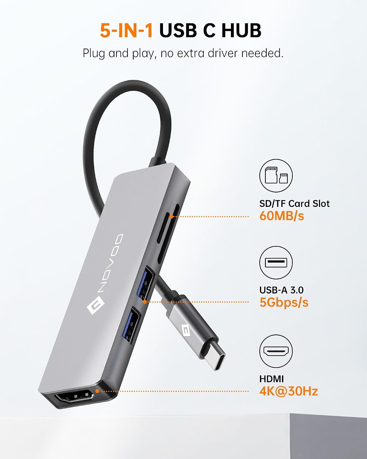 Detalle 2 de NOVOO Hub USB C 5 en 1 con HDMI 4K