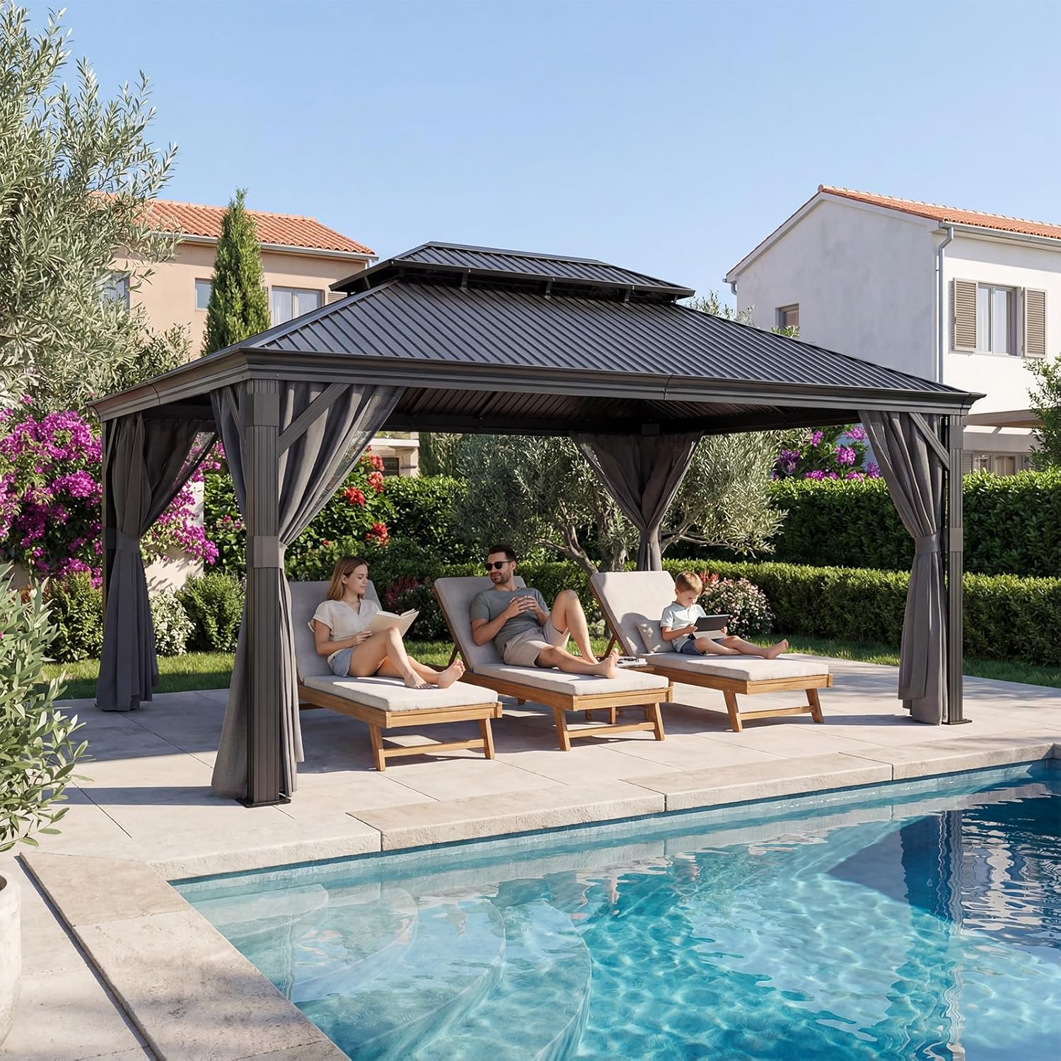 JUMMICO Pavillon 3,65 x 4,85 m hardtop double toit imperméable avec stores et moustiquaires, gris