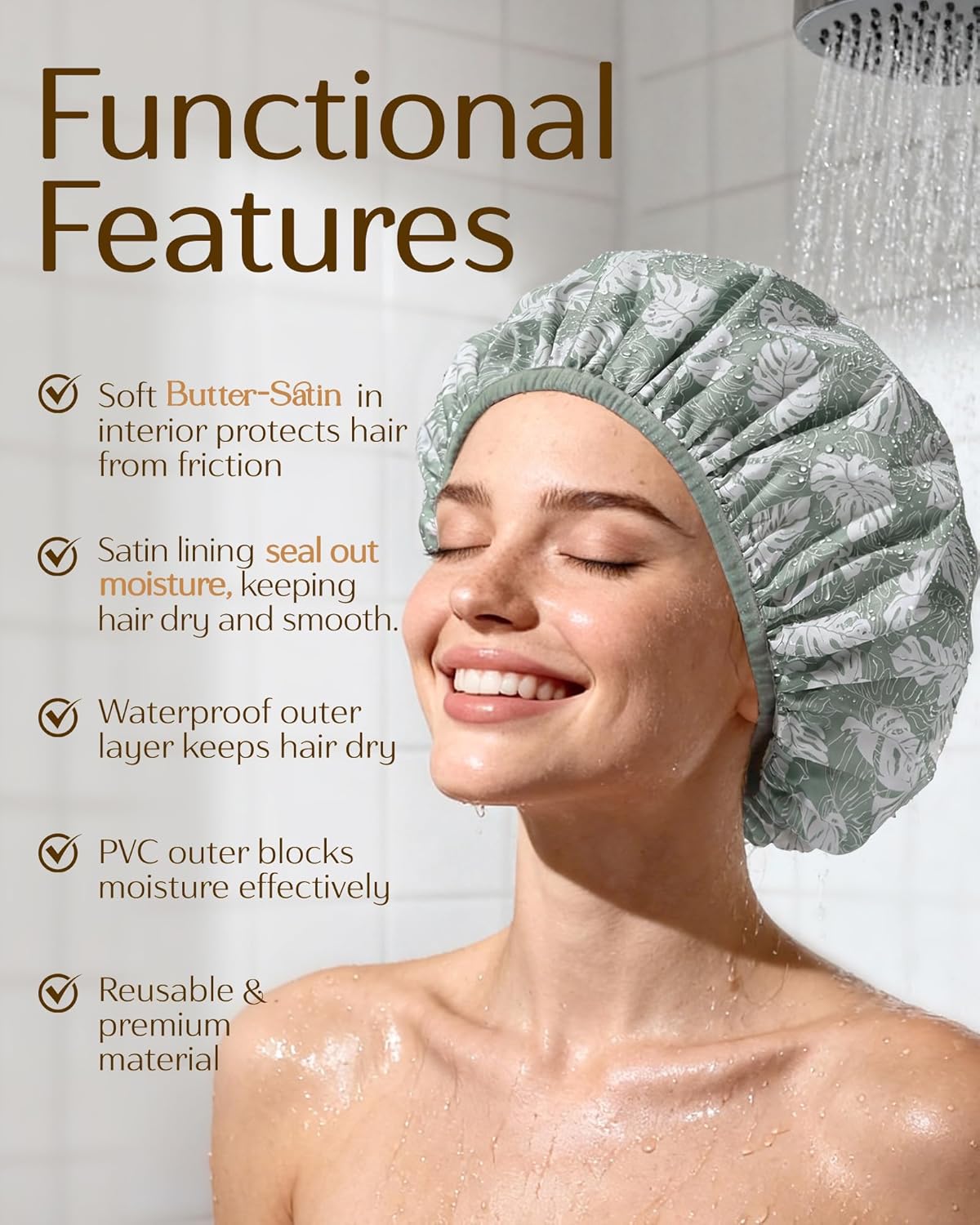 Thumbnail 3 de Yanibest Shower Cap for Women - Frizz Free Satin Lined, Waterproof, Large Double Layer Reusable with Soft Elastic Band