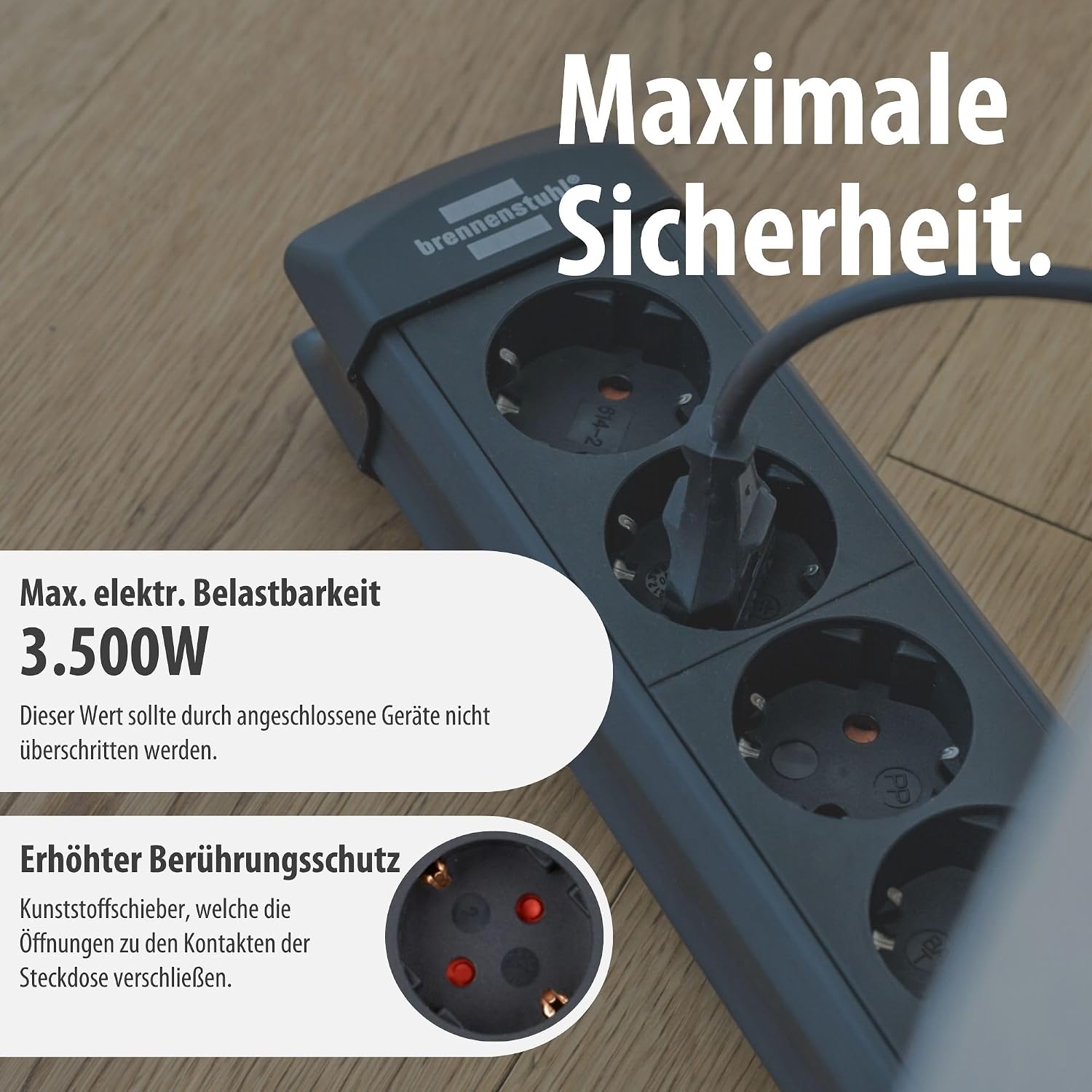 Detalle de Brennenstuhl Premium-Line Steckdosenleiste 4-Fach, 1,8 m – Schwarz