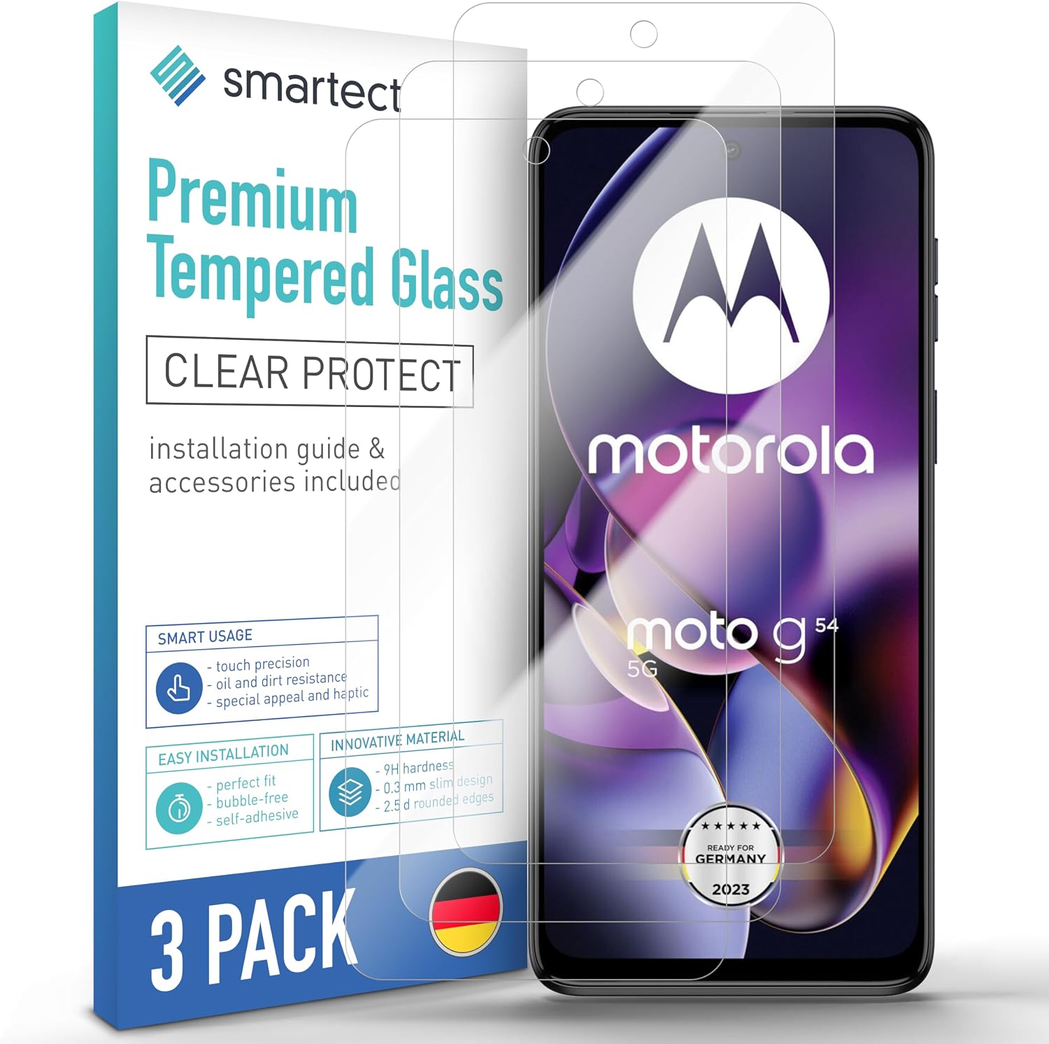 Detalle de SmarTect Glass Screen Protector for Motorola Moto G54 5G, 3-Pack, 9H Tempered Glass