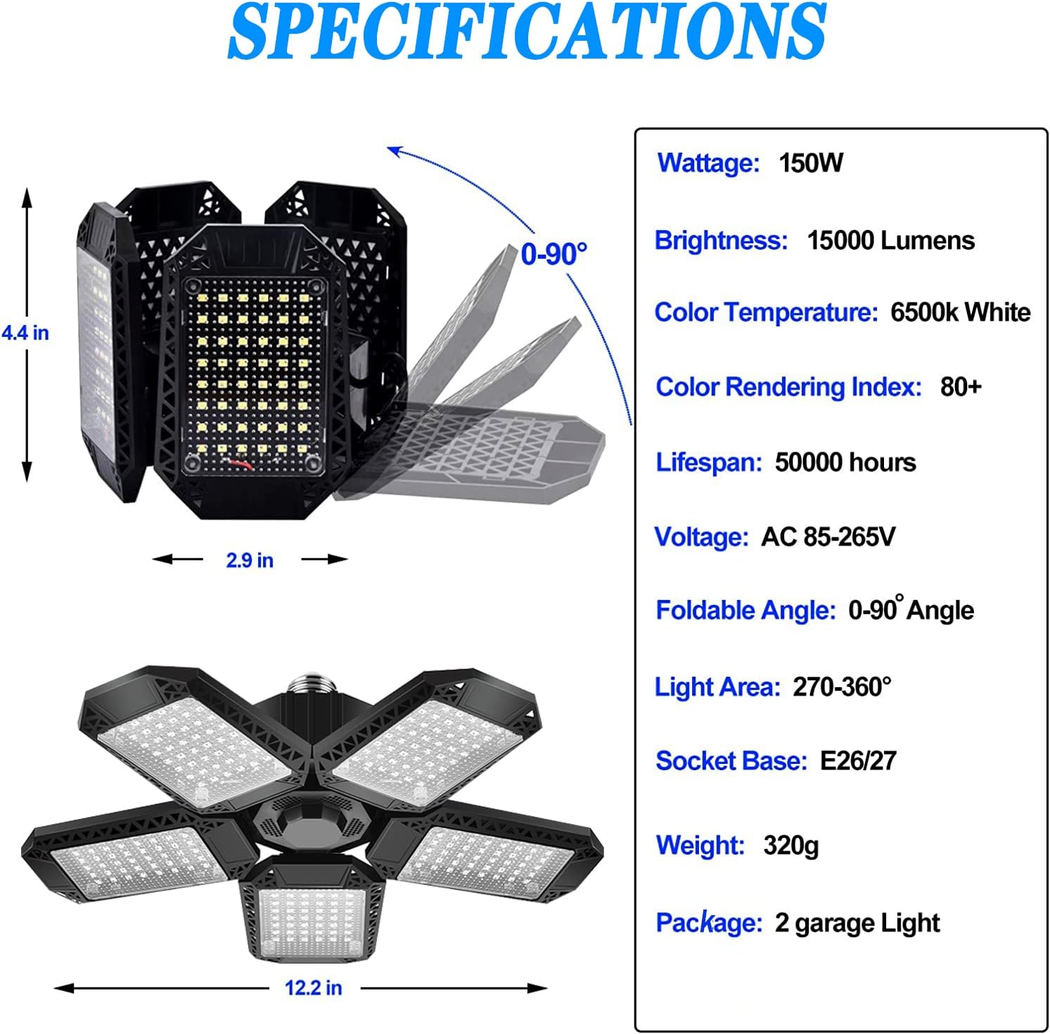 Detalle 2 de BNGGOGO 2 Pack 150W Deformable LED Garage Light with 5 Adjustable Panels (GOLEDLLT03UP)