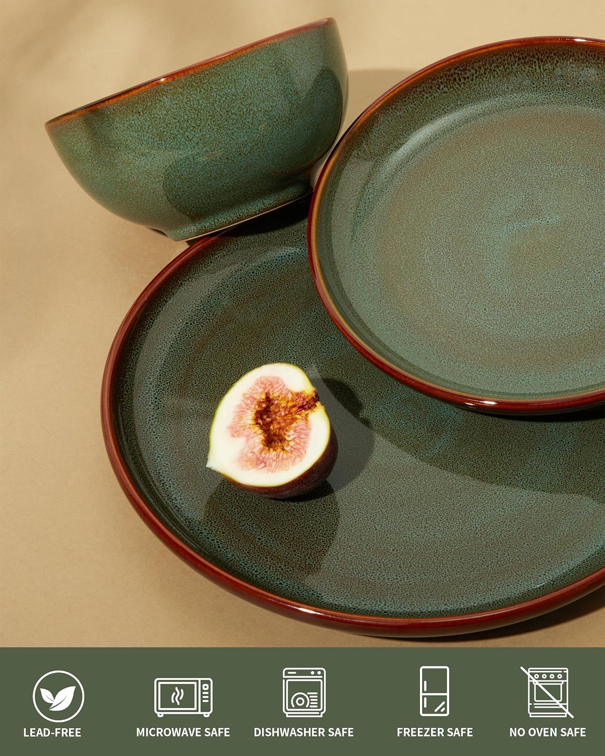 Detalle de Pokini Stoneware Dinnerware Set 12‑Piece Sage Green