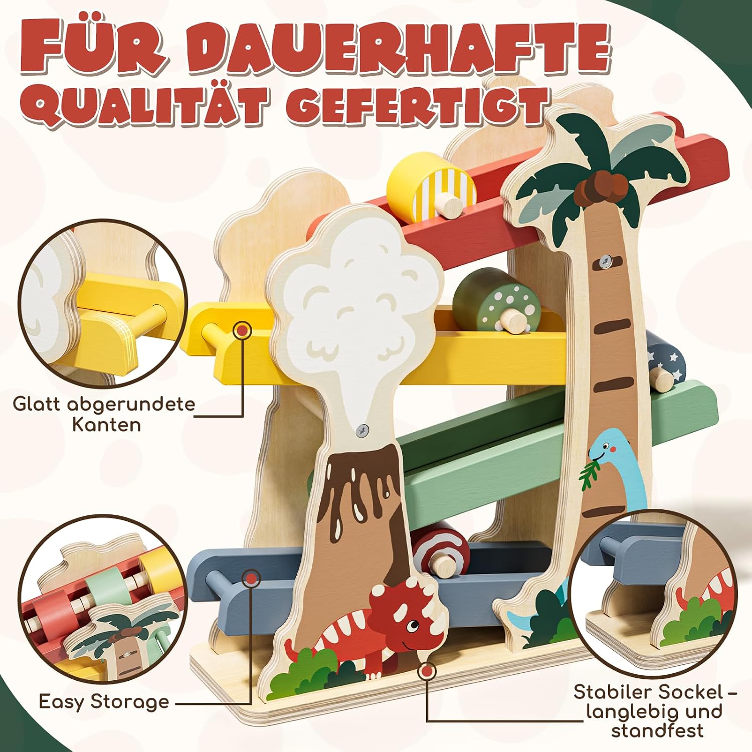 Detalle de Lehoo Castle Montessori Kugelbahn aus Holz mit Dinosaurier-Motiv für Kleinkinder ab 1 Jahr