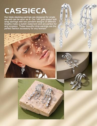 Detalle de CASSIECA Sterling Silver Dangle Earrings for Women – Triple Hoops with Cubic Zirconia