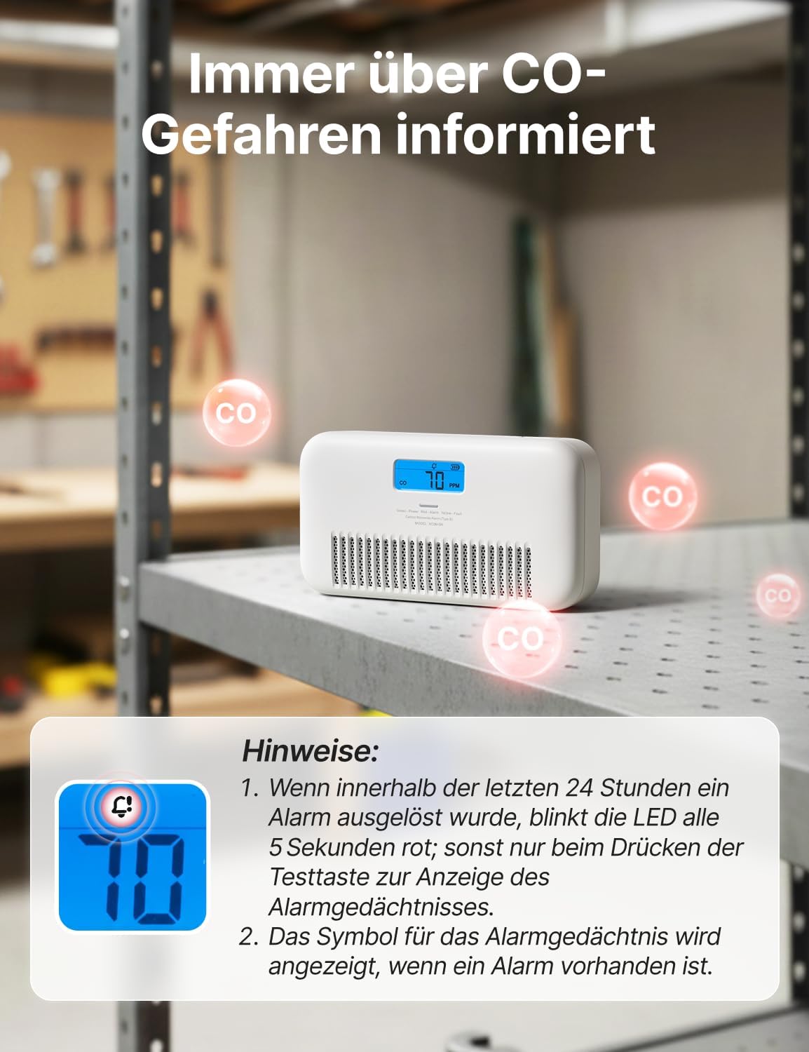 Detalle de X-Sense XC0M-SR Kohlenmonoxid-Melder mit Temperatur- & Feuchtigkeitsüberwachung und Sprachansagen (1 Stück)