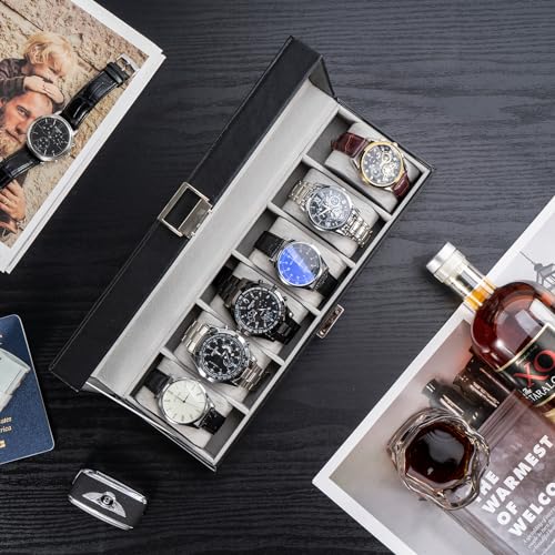 Detalle de ProCase Caja de Relojes con 6 Compartimentos, tapa de cristal y cojín extraíble – Negro