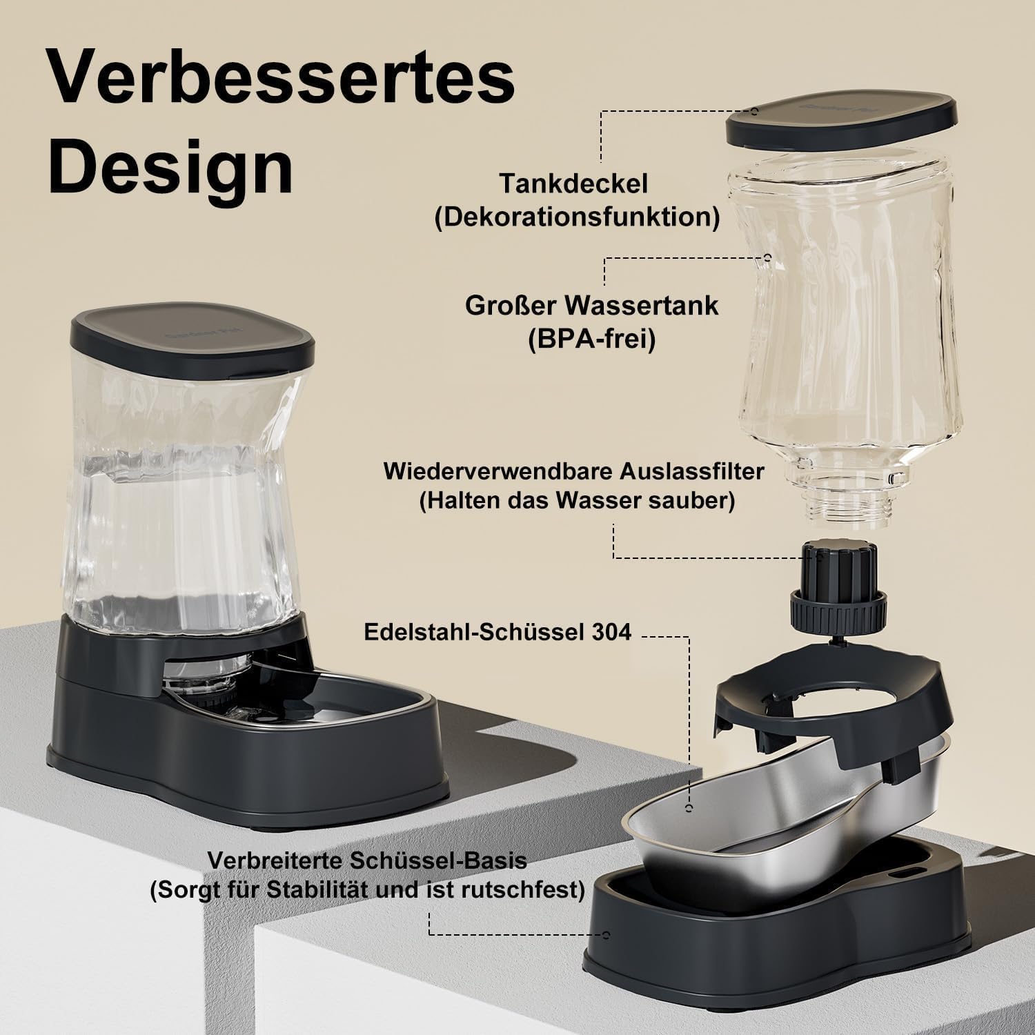 Thumbnail 2 de Gardner Pet Futterautomat für Katzen: 3,85-l-Wasserspender mit Edelstahlschüssel, ohne Strom (BPA-frei, grau)
