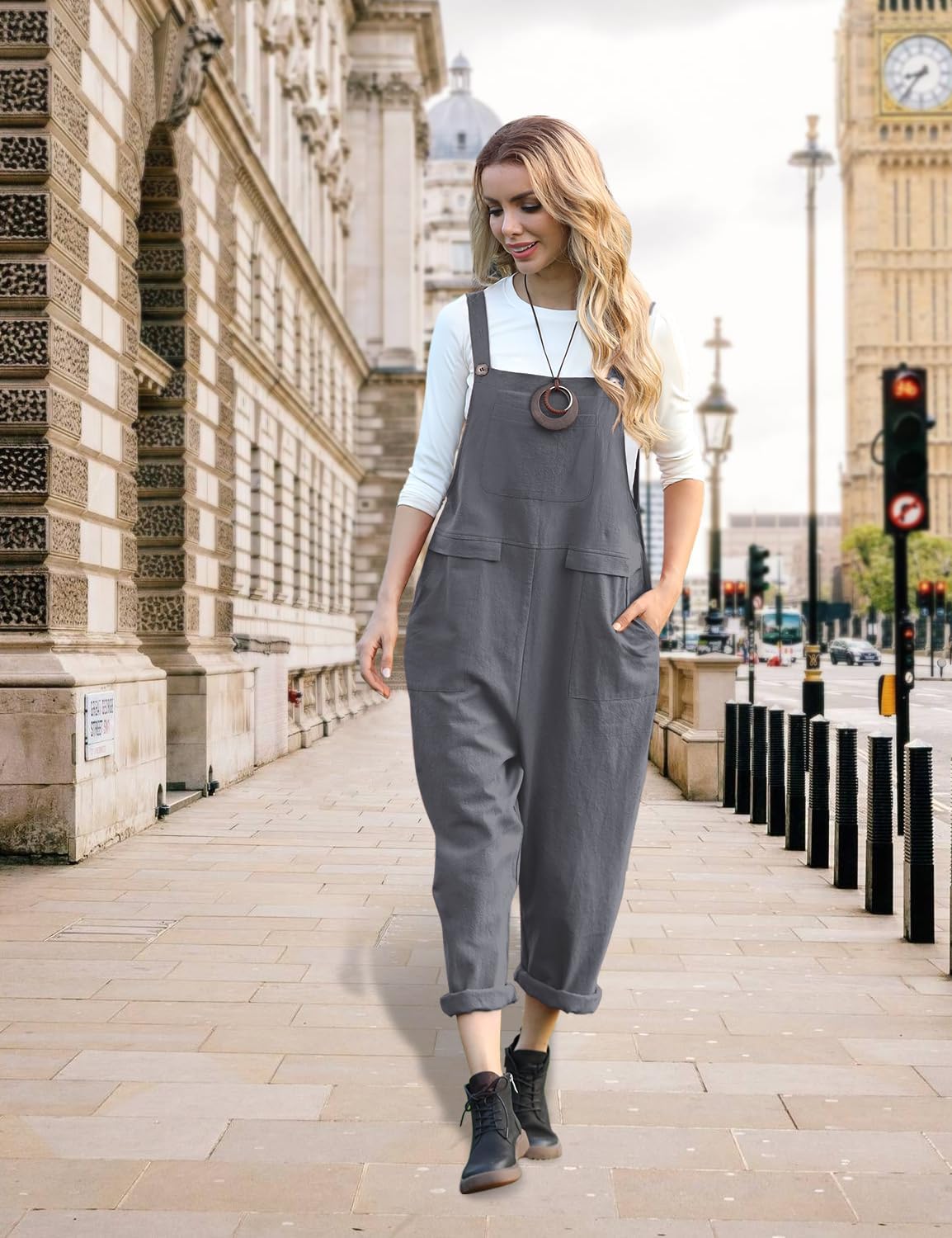 Detalle de YESNO Damen Latzhose Sommer Oversize Trägerhose – Baggy Jumpsuit im Casual-Boyfriend-Stil