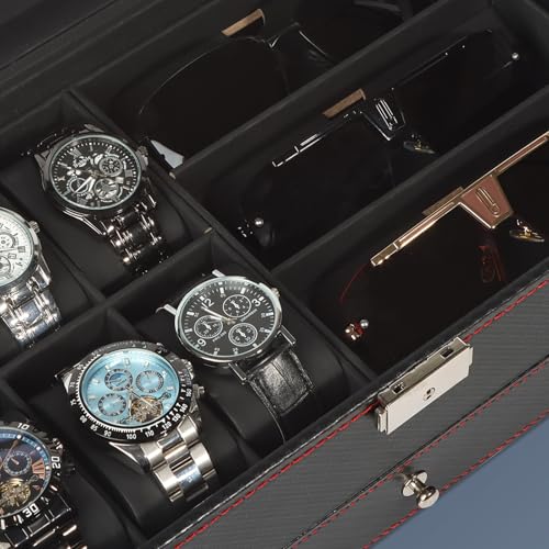 Detalle de Nestwerk Boîte à Montres Homme — Rangement 2 Niveaux avec Couvercle en Verre, 6 Emplacements et 3 Compartiments Lunettes