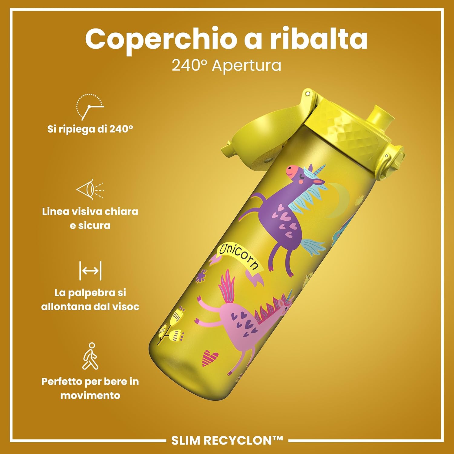 Detalle de Ion8 Borraccia 500 ml a prova di perdite – Unicorni Gialli, facile da aprire, lavabile in lavastoviglie e senza BPA