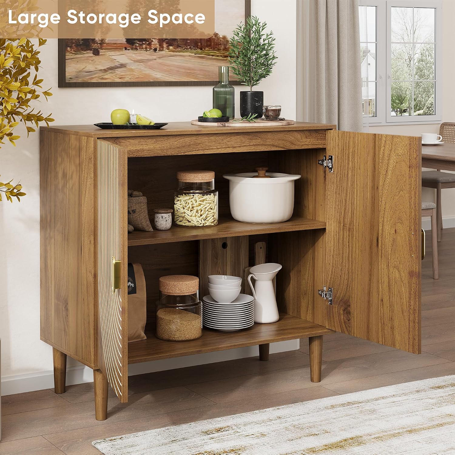 Thumbnail 6 de Smuxee sideboard walnut buffet cabinet with adjustable shelf and grooved doors