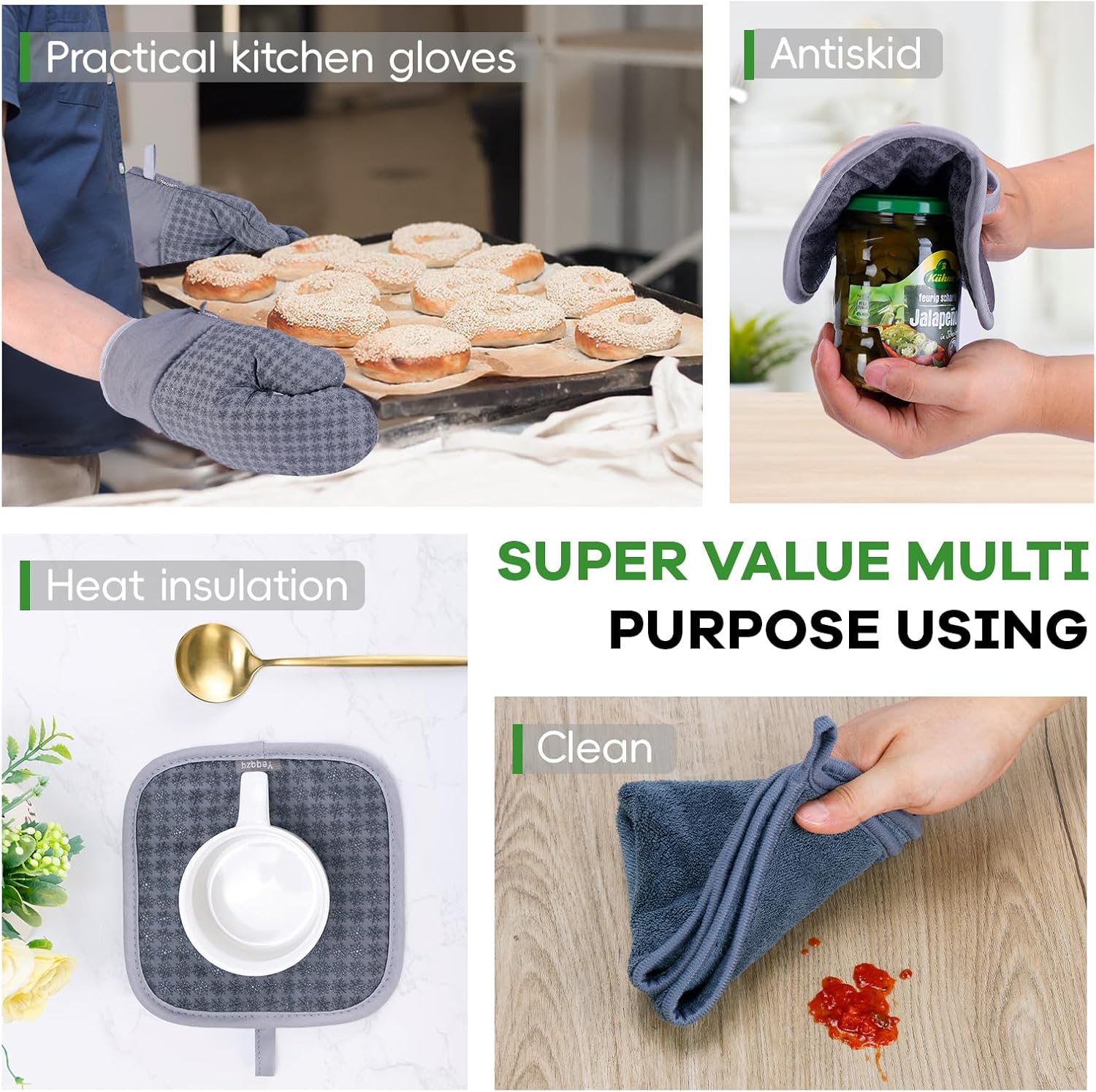 Thumbnail 4 de Yeqqzq 6-piece Oven Mitts, Pot Holders & Kitchen Towels Set (Grey)