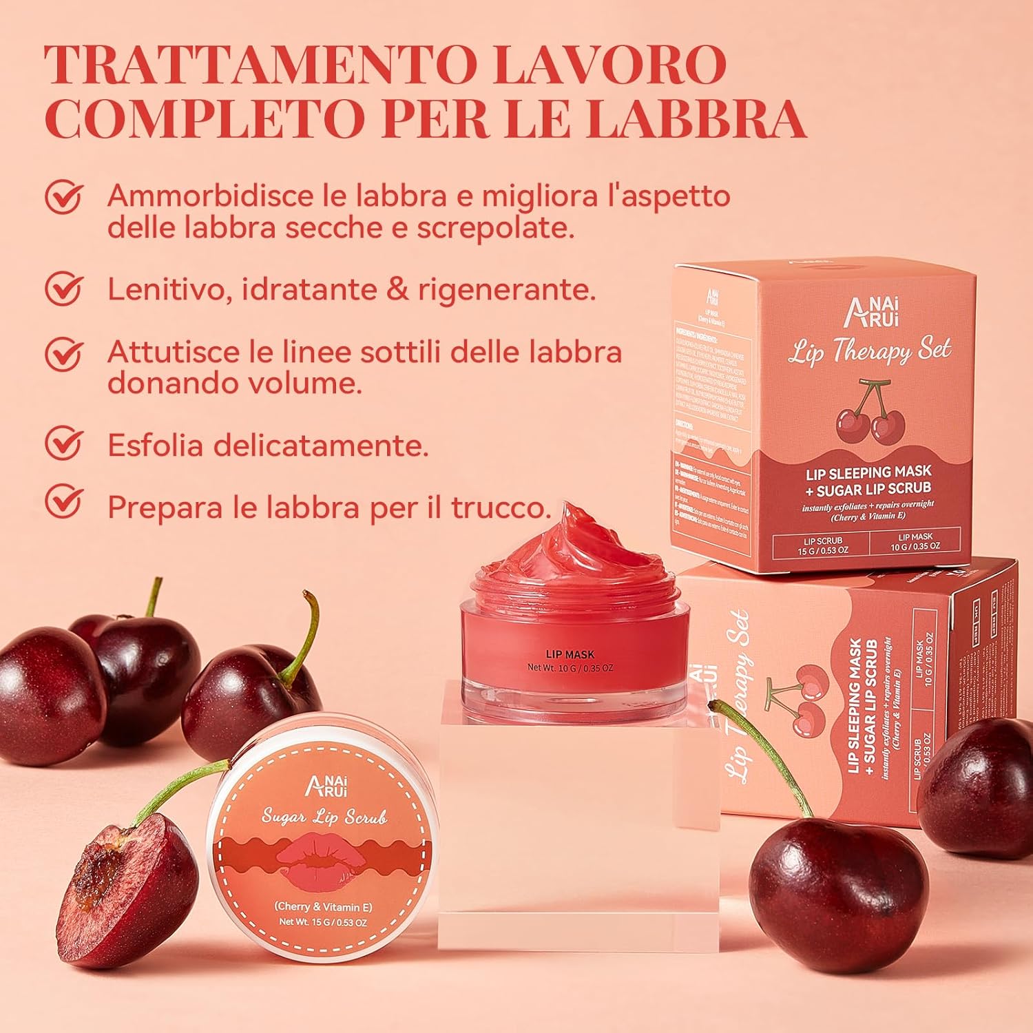 Detalle de ANAiRUi Set Glow Ciliegia: maschera labbra e peeling Cherry con Vitamina E