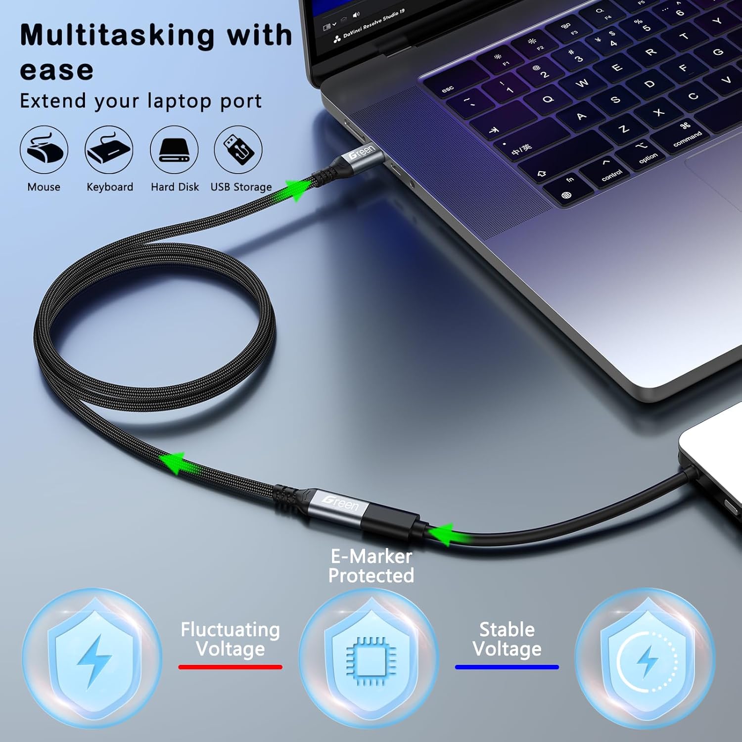 Thumbnail 4 de Green Jiss USB-C Extension Cable 10ft (20Gbps, 4K@60Hz, 240W PD) — Male to Female USB3.2 Gen2 Extender