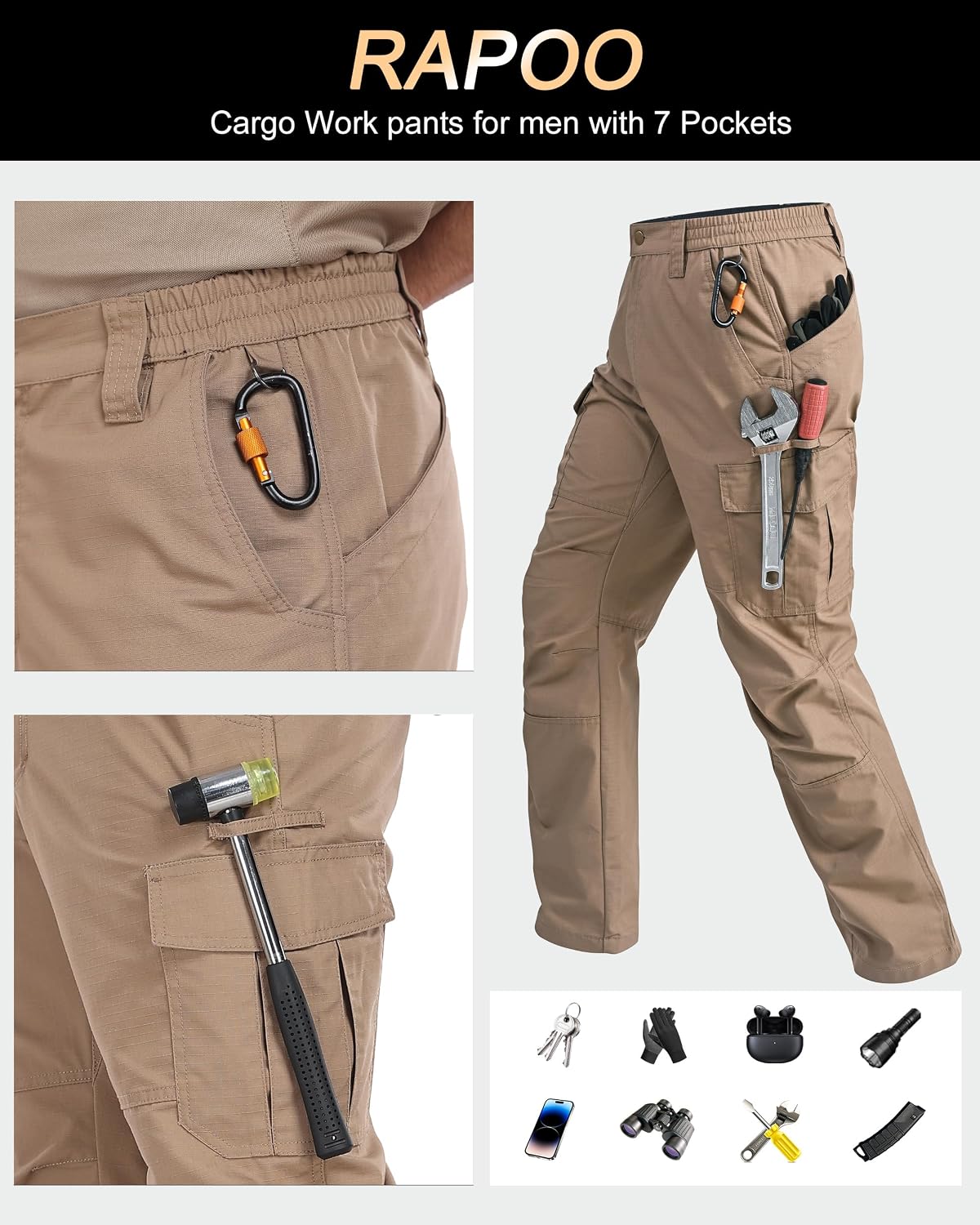 Detalle 2 de Men’s Cargo Pants Ripstop Water-Resistant Breathable Tactical Hiking Pants with 7 Pockets