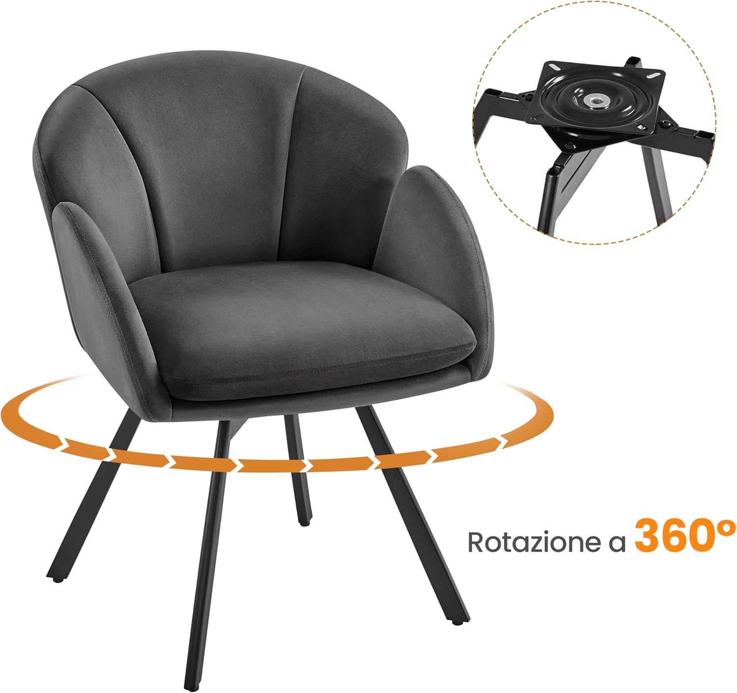 Thumbnail 4 de Yaheetech Poltrona Girevole a 360° in velluto ciniglia: sedia da make-up elegante per camera o ufficio, grigio scuro