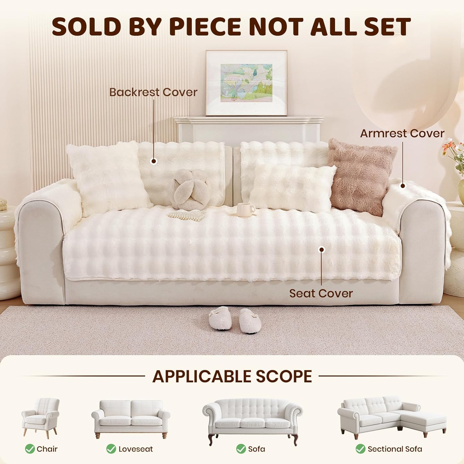 Detalle 2 de Royhom Housse de Canapé Épais Peluche crème 90 x 160 cm – anti-dérapant et multi-usages