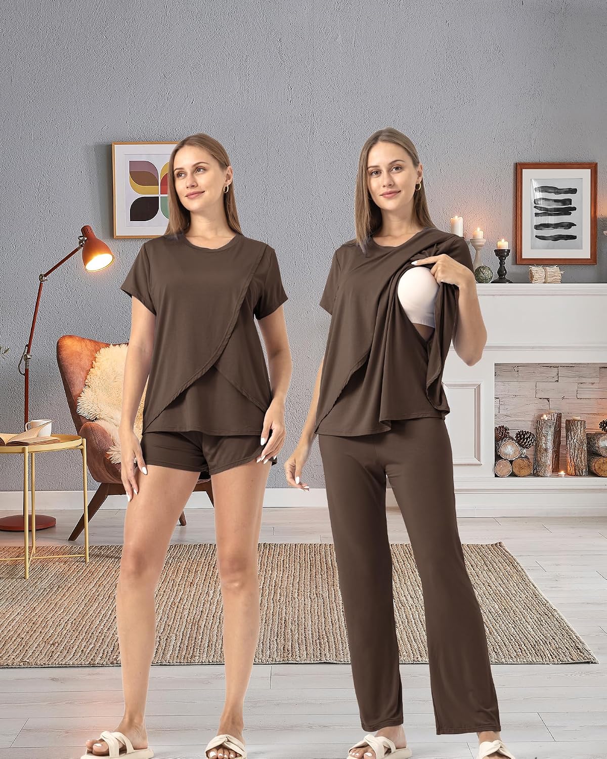 Detalle de SUNNYBUY 3-teiliges Stillpyjama-Set (Stilloberteil, Stillshorts, lange Stillhose) für die Zeit nach der Geburt
