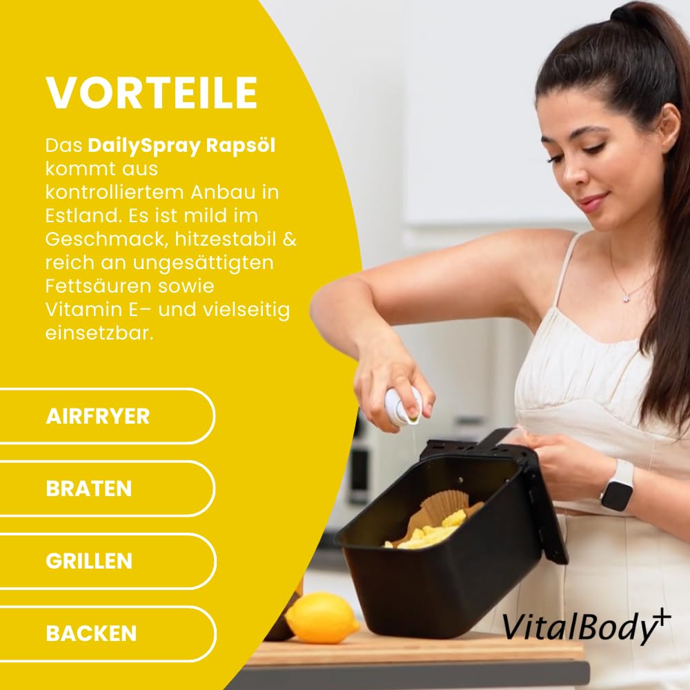 Detalle 2 de VitalBody+ DailySpray 4er Pack – Rapsölspray zum Braten, Grillen & Backen (2 kcal pro Sprühstoß, 800 Portionen pro Flasche, laborgeprüft)