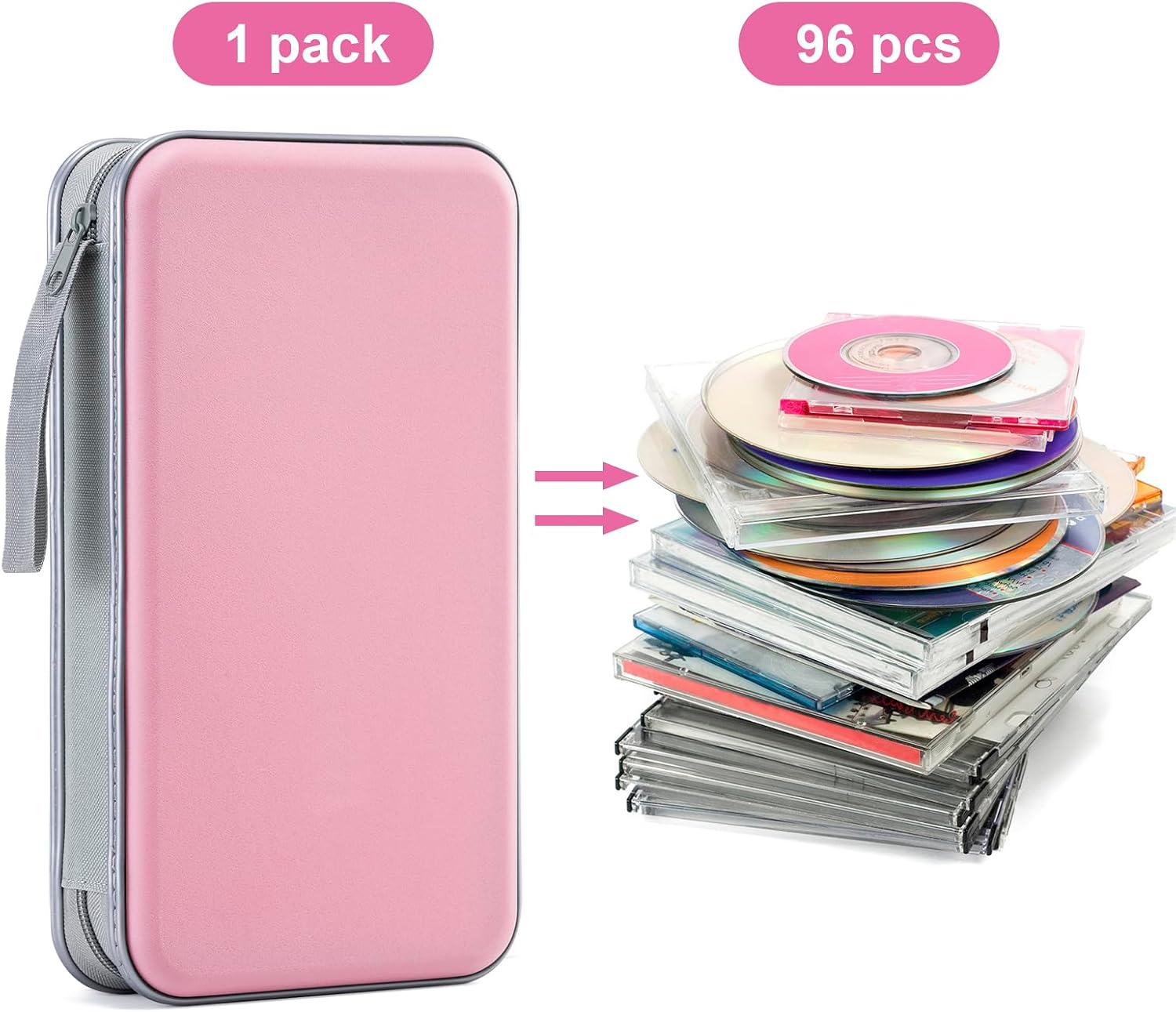 Detalle de LIOVODE 96-Kapazität DVD-/CD-Hülle aus Hartplastik, Rosa – Schutzbox mit Reißverschluss