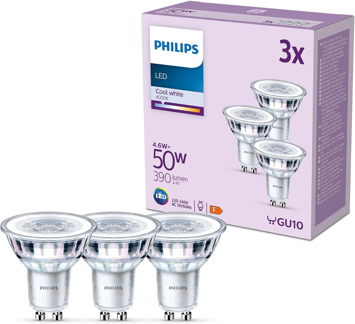 Detalle de LEDClassic 50W GU10 CW 36D ND 6CT/4 di Philips: luce fredda di qualità per l’uso quotidiano