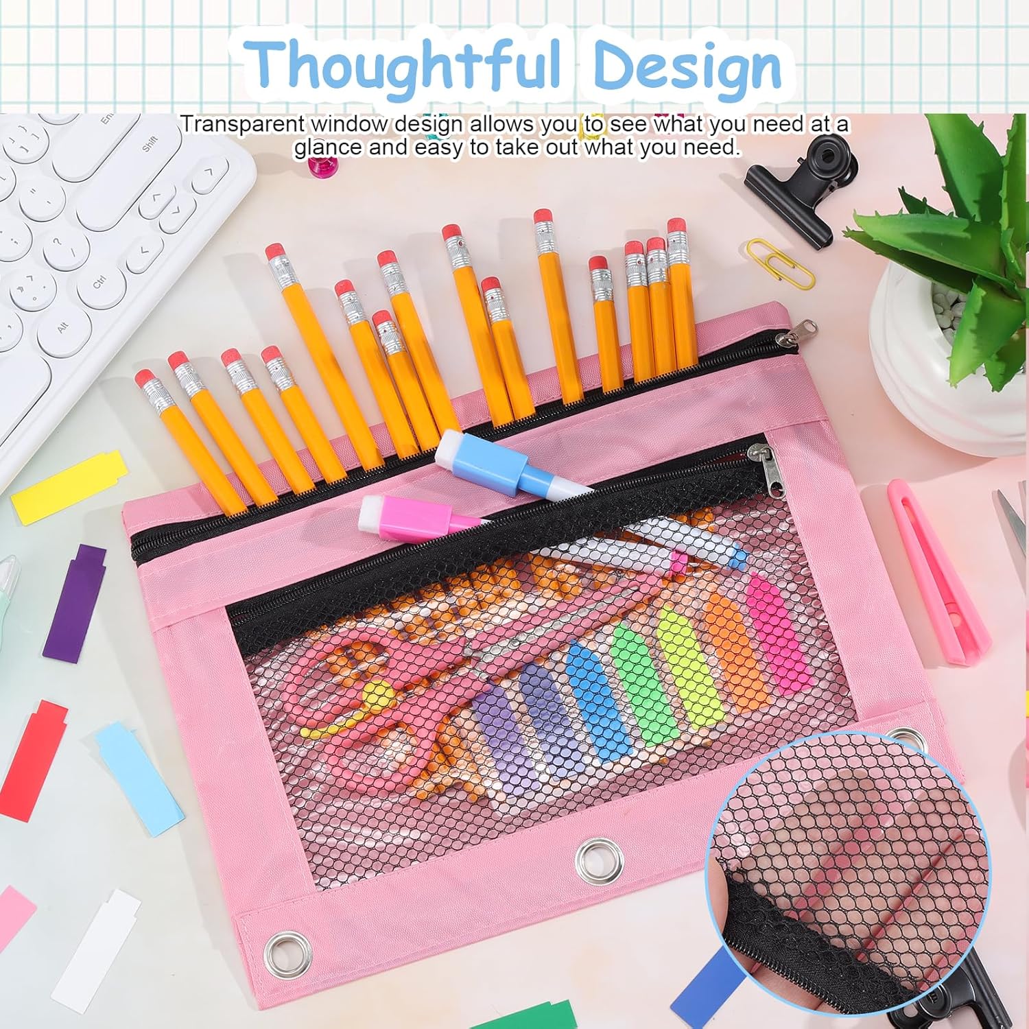 Thumbnail 3 de Mynoozi 3‑ring clear pencil case — pink ✏️