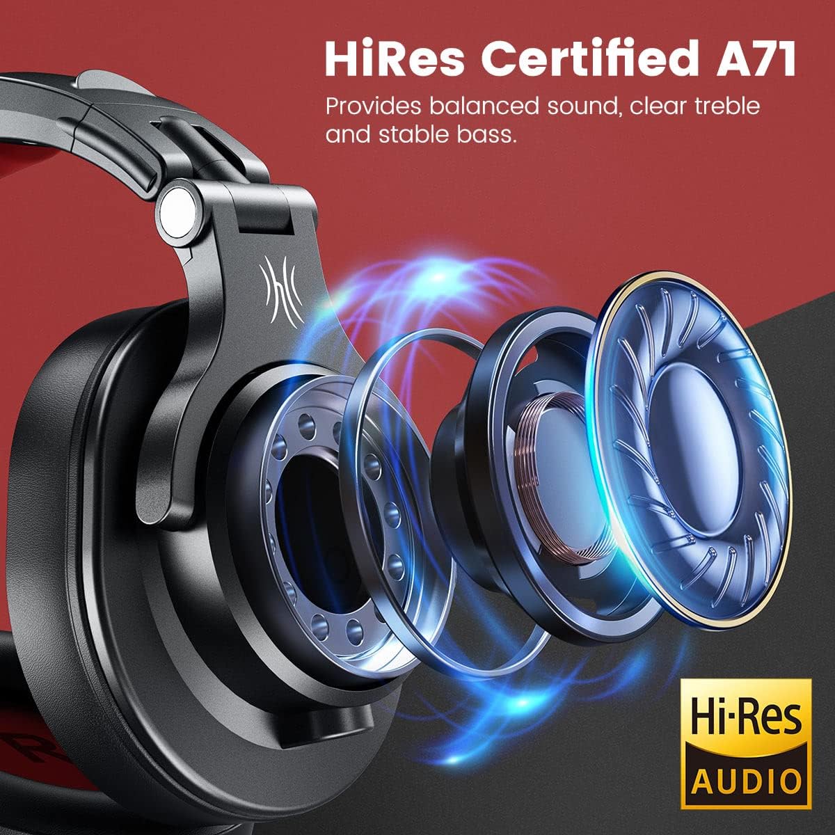 Detalle de OneOdio A71 Wired Studio Headphones, 40 mm Drivers, Foldable Red Design