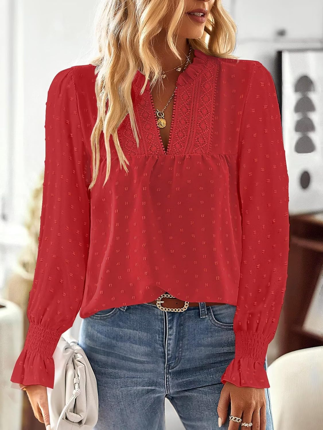Detalle de TUUHAW Langarmshirt Damen mit V-Ausschnitt & Häkelverzierung im Boho-Stil