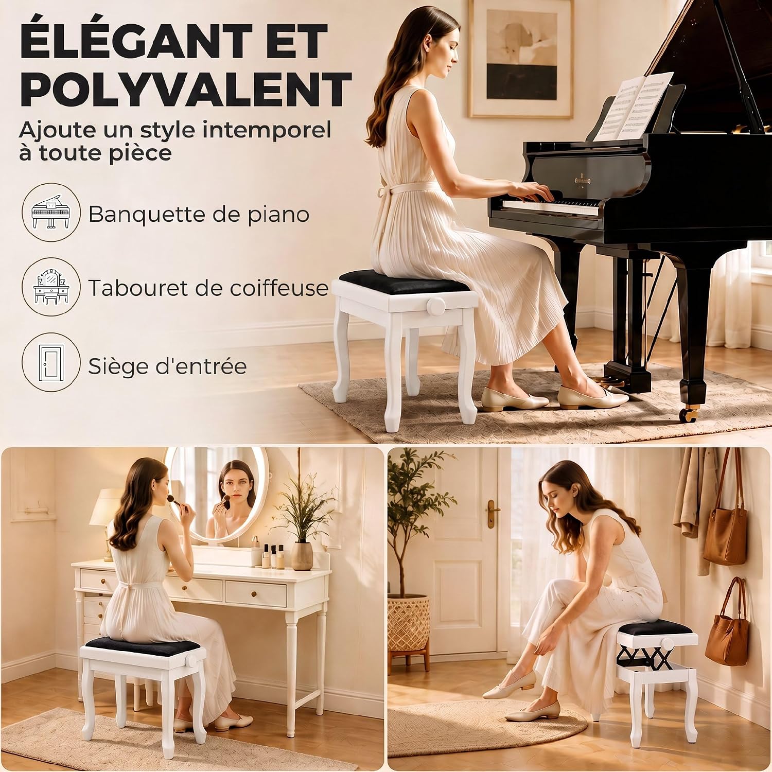 Thumbnail 6 de HOMCOM F12-022V00WT pianokruk, verstelbaar 45-56 cm, fluwelen zitting