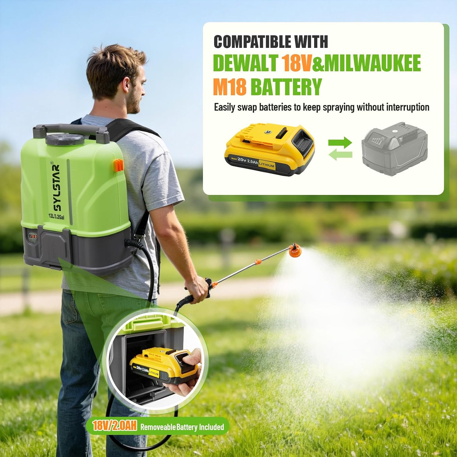 Thumbnail 1 de SYLSTAR Pulverisateur Électrique 12 L – 7 Bar, Dos, Compatible DeWalt 18V et Milwaukee 18V