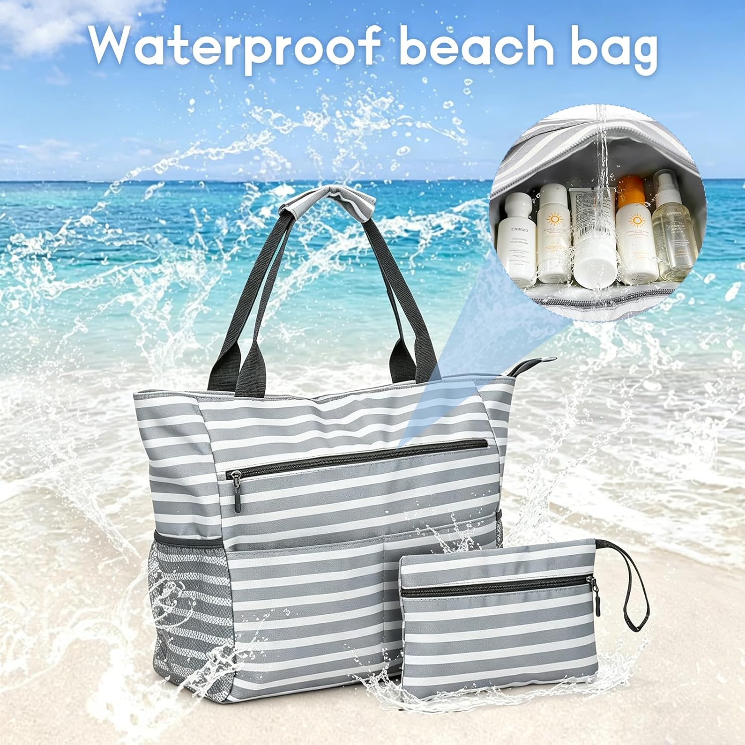Detalle 2 de Wocharm Nylon Large Beach Bag for Women – Waterproof Sandproof Tote with Makeup Bag & Zipper Pockets