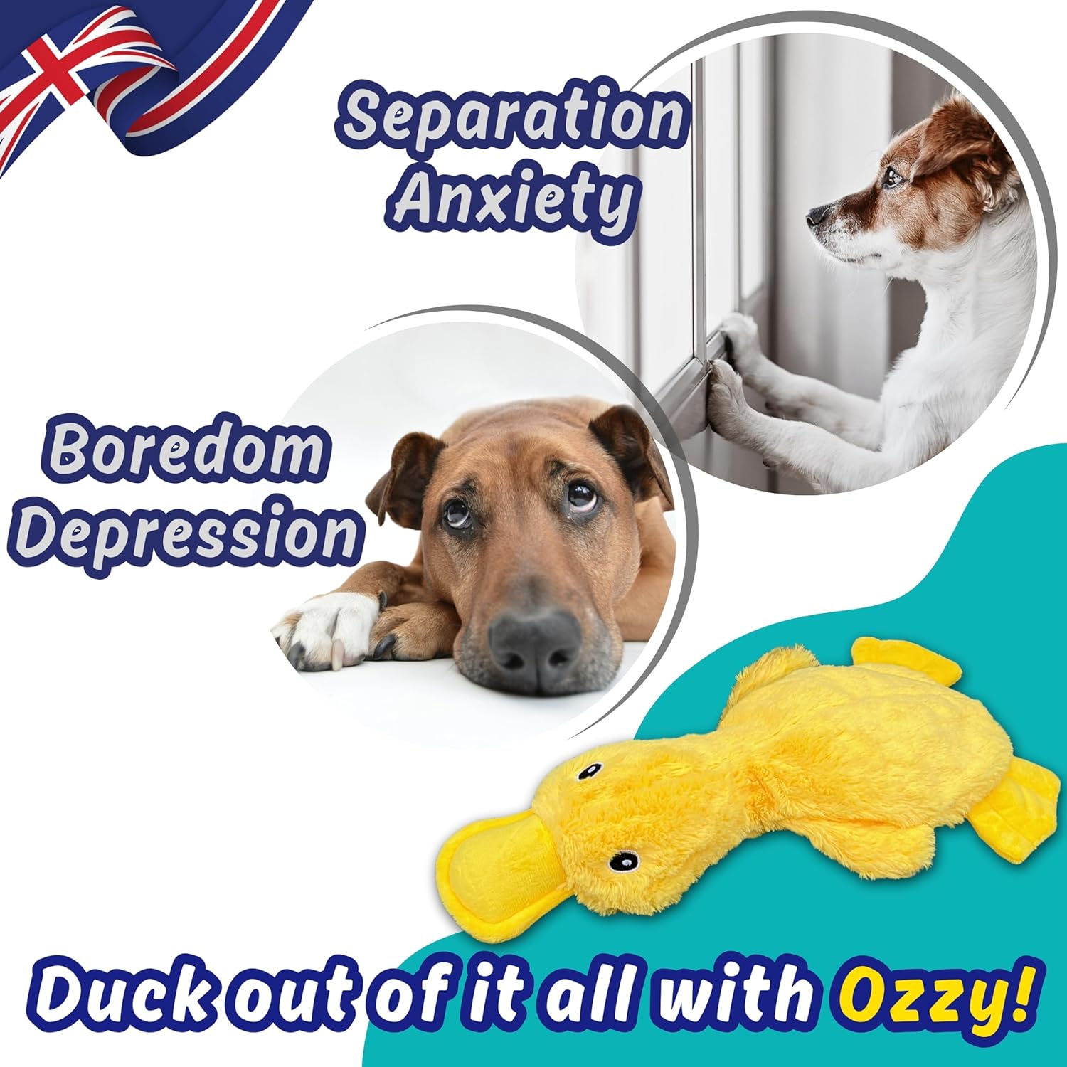 Detalle de Minimal Stuffing Ozzy the Duck squeaky & crinkle plush dog toy (gift box, yellow)