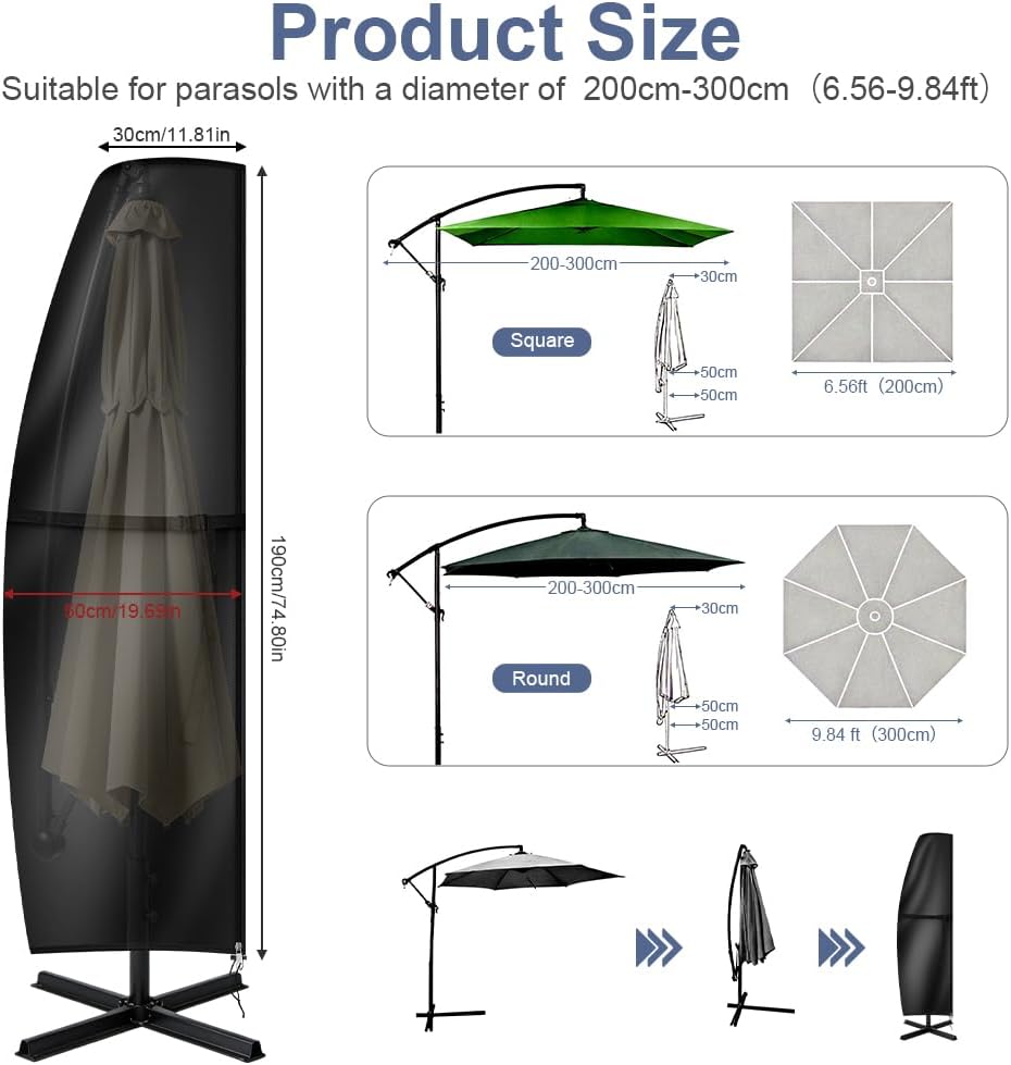 Detalle de AOOWU 5499834 hoes voor zweefparasol Ø 300 cm, waterdicht en UV-bestendig