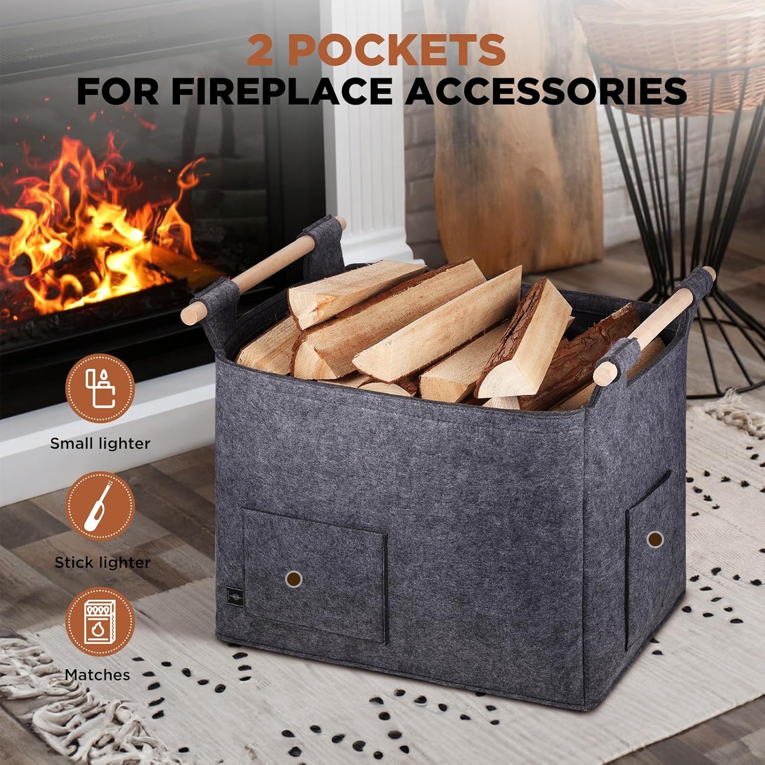 Thumbnail 5 de BONTHEE Log Carrier Felt Bag with Wooden Handles (Grey) – Fireplace Wood Tote for Indoor Storage