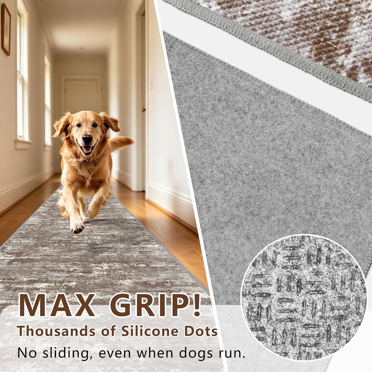 Detalle de TTelephant Nina 2' x 10' Runner Rug, Abstract Brown, Washable with Silicone Backing