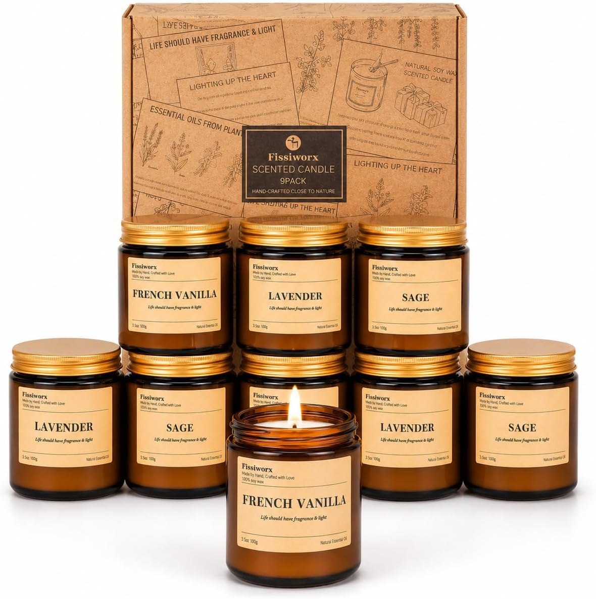 Detalle de 9 Pack Soy Candles for Home: Vanilla, Lavender & Sage (270 Hours)