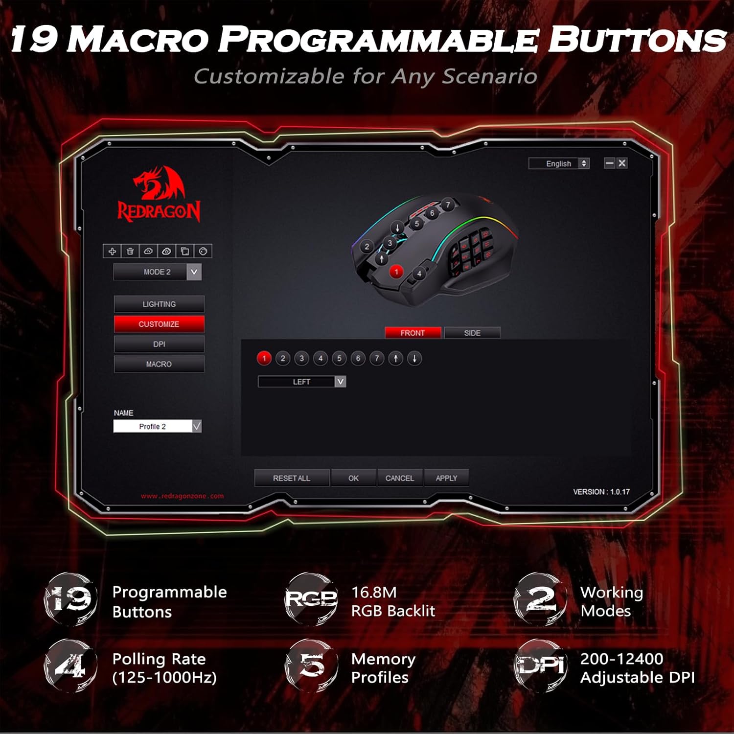 Thumbnail 2 de Redragon MMO Gaming Mouse UP M901K: 12400 DPI, 19 Macro Buttons, 12 Side Buttons, Weight Tuning
