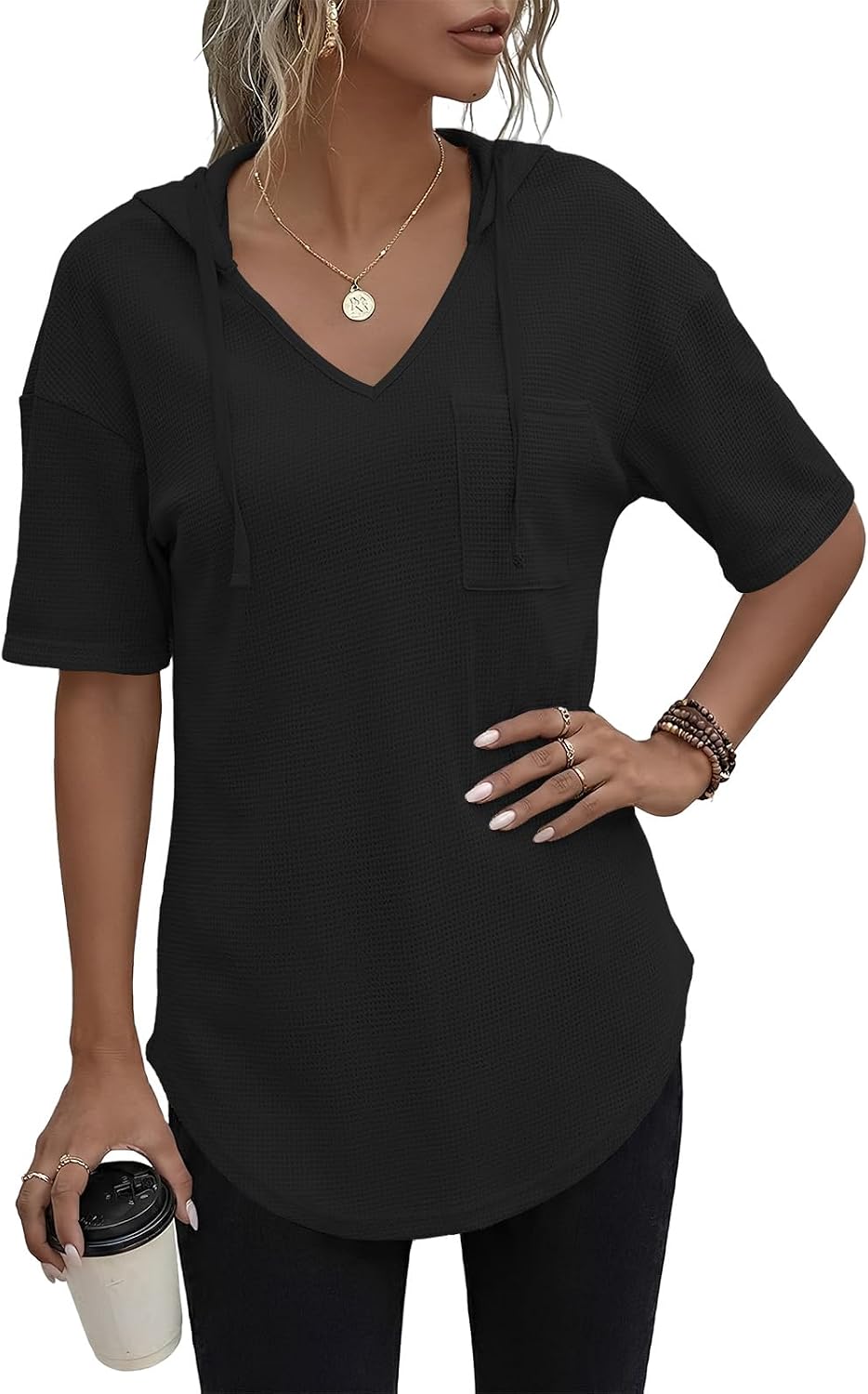 Detalle 2 de Cuptacc Pullover Damen Hoodie mit V-Ausschnitt, Langarm und Kapuze – leichter Waffelstrick