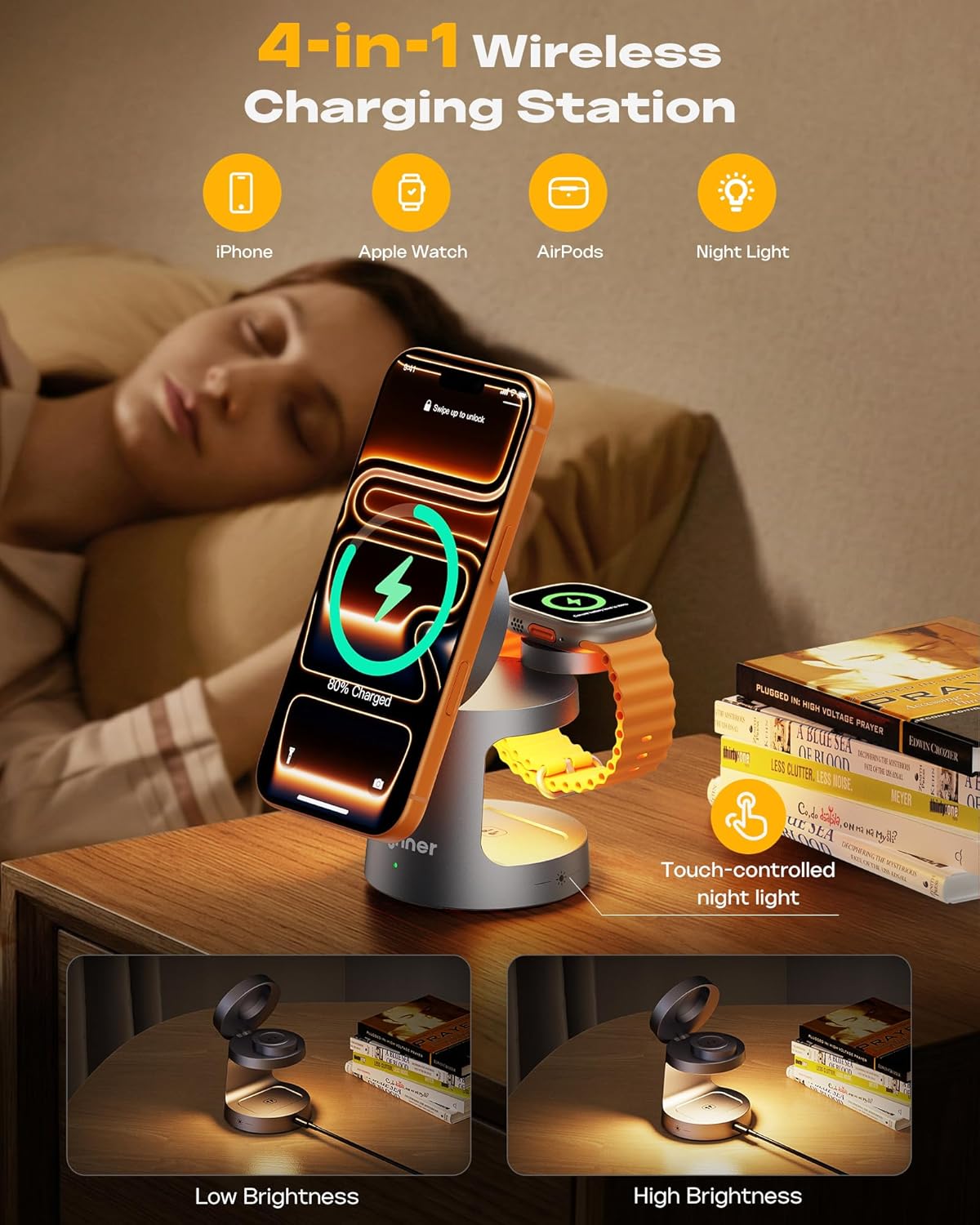 Detalle de Caricabatterie wireless MagSafe 3 in 1: ricarica rapida per iPhone, AirPods e Apple Watch con illuminazione notturna