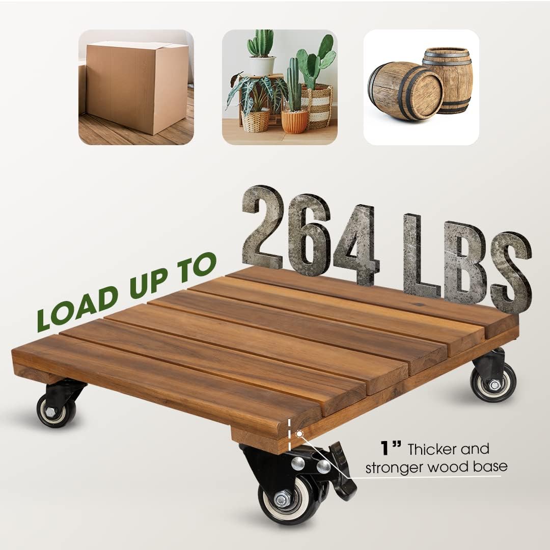 Detalle de IDZO 14-Inch Acacia Wood Plant Caddy, 2-Pack with Lockable 360° Wheels