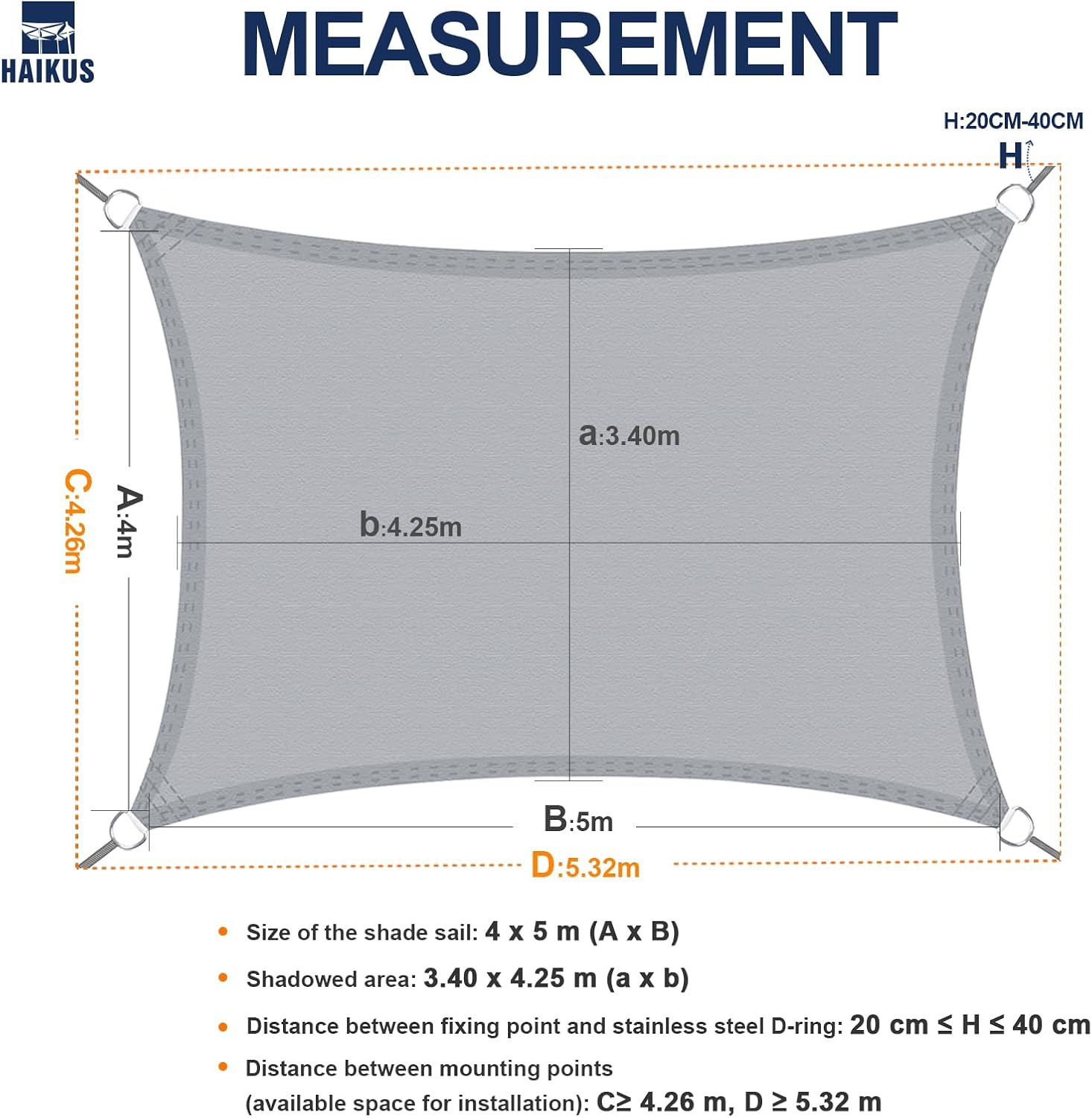 Thumbnail 3 de HAIKUS Tenda a vela impermeabile rettangolare 4x5 m con protezione UV 98% (telo grigio chiaro)
