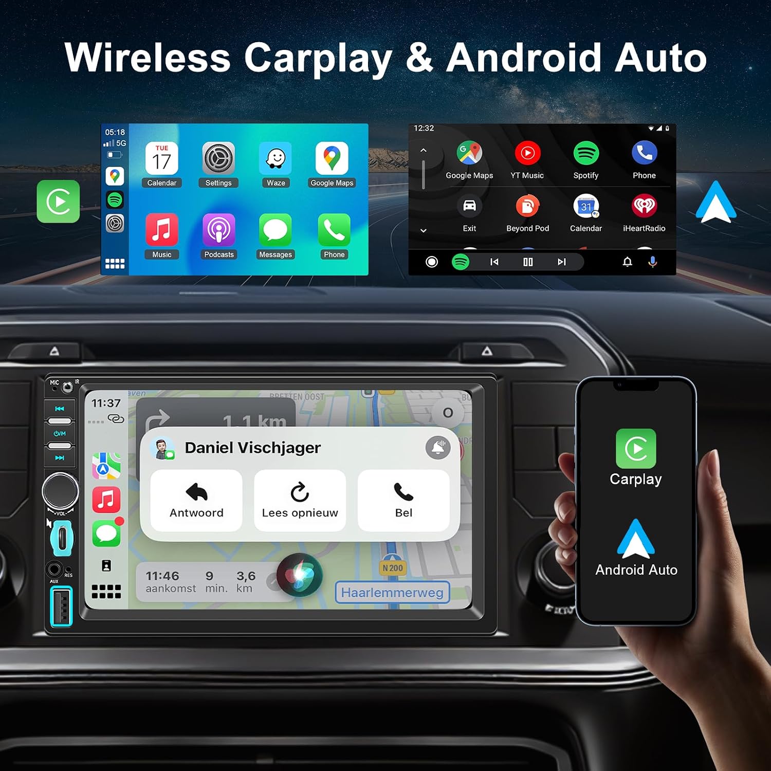 Thumbnail 1 de Autoradio 1 DIN con Schermo 7” e CarPlay/Android Auto Wireless, 4G Bluetooth, Telecamera Posteriore e Mirror Link