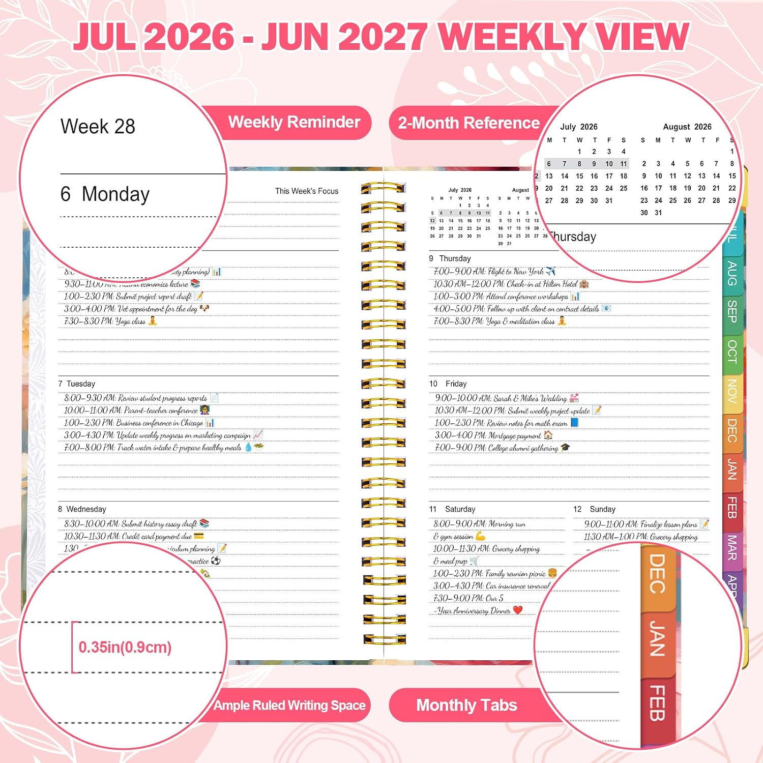 Detalle 1 de OMEYA 2026–2027 Weekly and Monthly Planner, Floral PVC Cover, Monthly Tabs