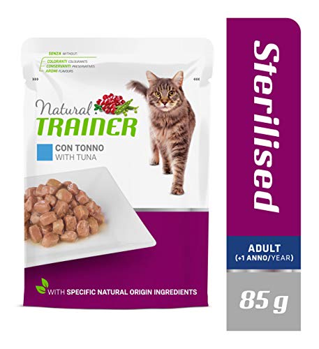 Detalle 2 de Natural Trainer Sterilised Adult Cibo Umido per Gatti con Tonno e Fibra di Pisello, 12 buste x 85 g (1020 g)