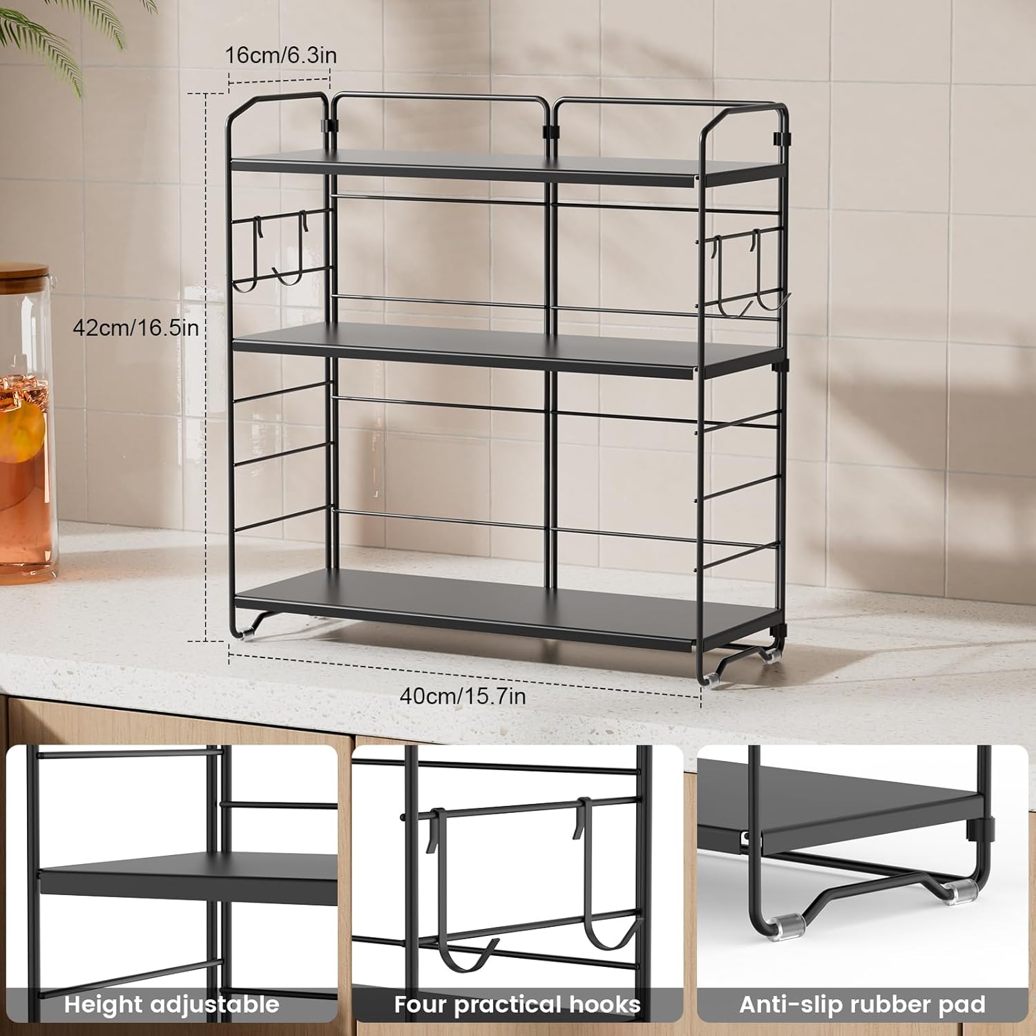 Thumbnail 2 de AHOMSEL 3-Tier Adjustable Height Spice Rack (L40 x W15 x H42cm) – multi-purpose countertop organiser